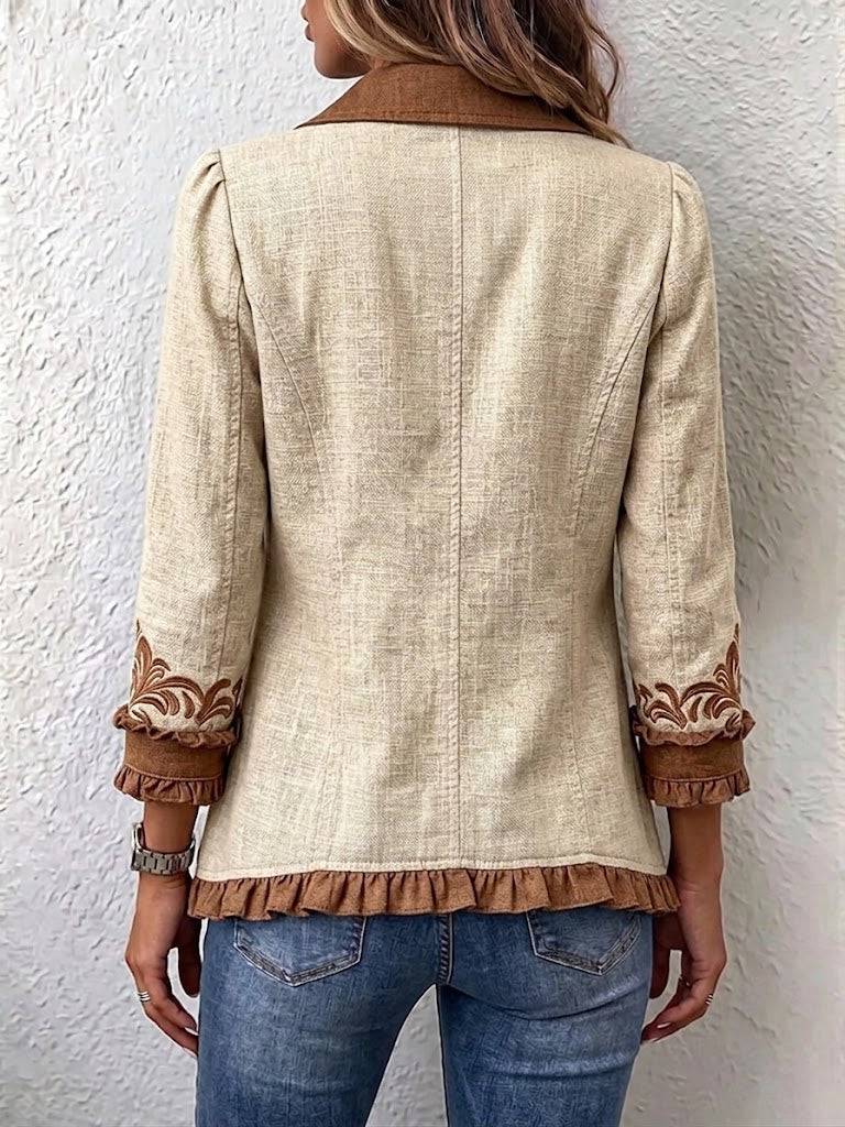 Dawncroft™ Vintage Bohemian floral ruffled jacket by THE WHITMORE FAMILY, featuring colorful floral patterns and ruffled trim.