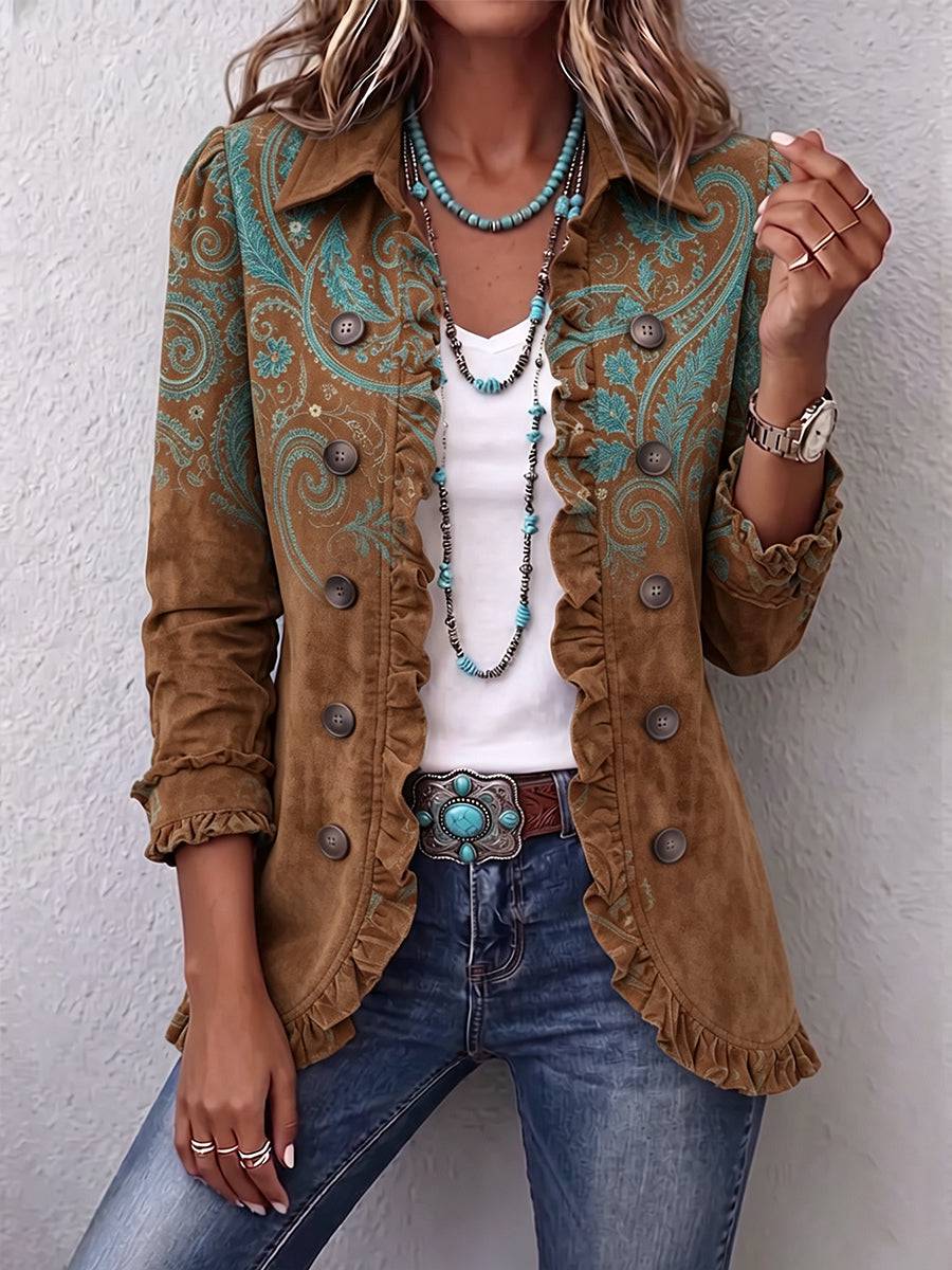 Goldenridge™ paisley print ruffle jacket by THE WHITMORE FAMILY, featuring a stylish design with ruffled details and vibrant paisley pattern.