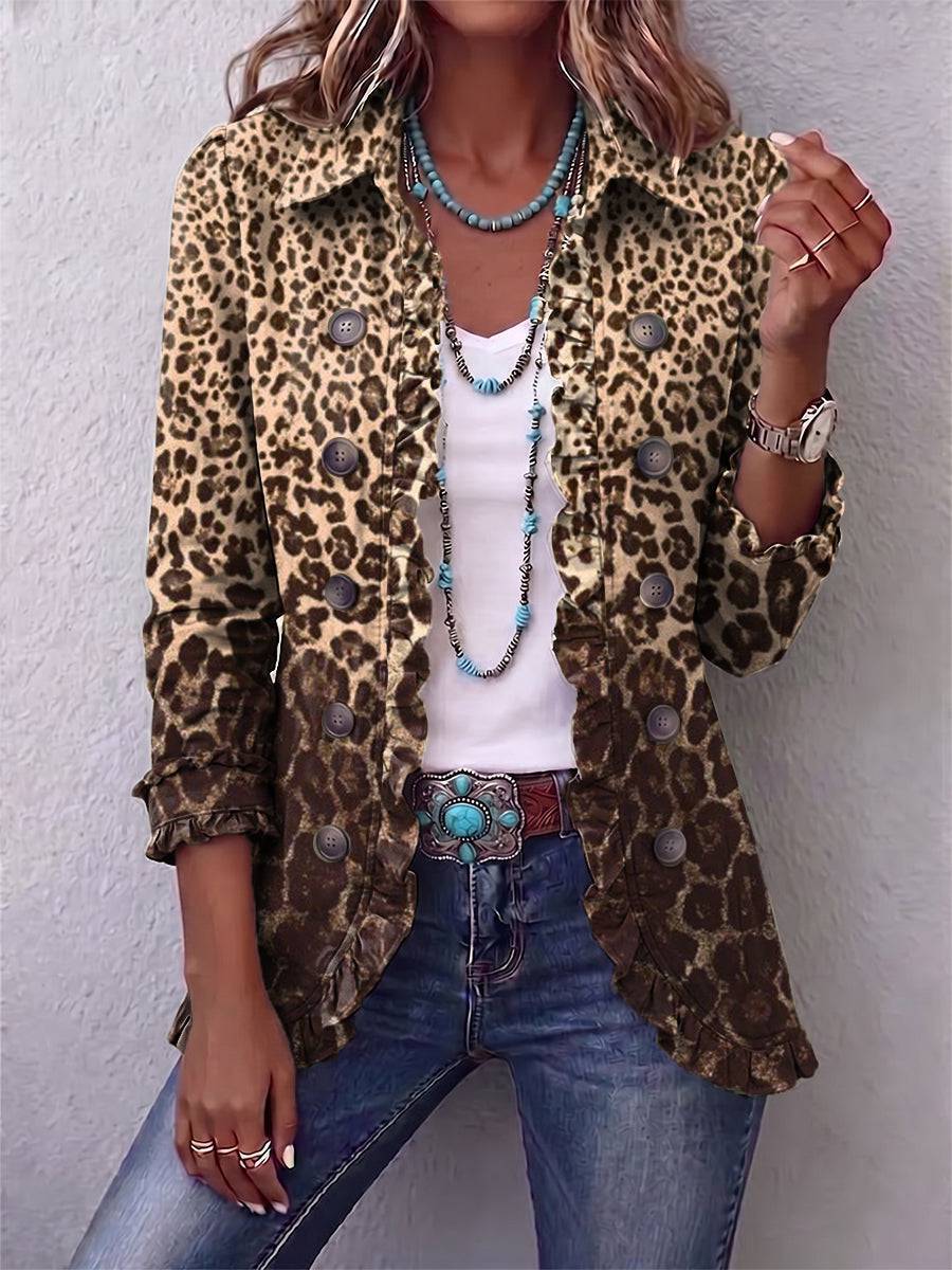 Leopard print Navara™ ruffled jacket by THE WHITMORE FAMILY, featuring a stylish ruffled design and bold animal print fabric.