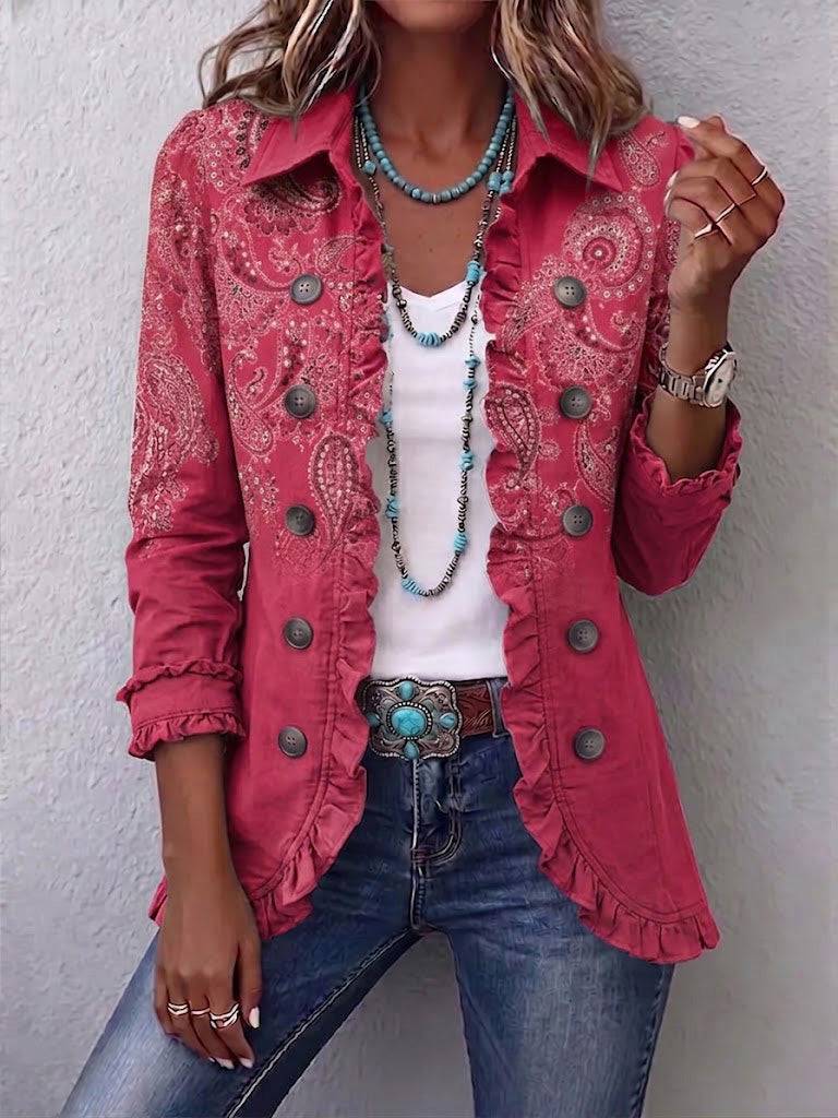 Vintage paisley print ruffled jacket from THE WHITMORE FAMILY's Anouk™ collection, featuring a stylish and feminine design.