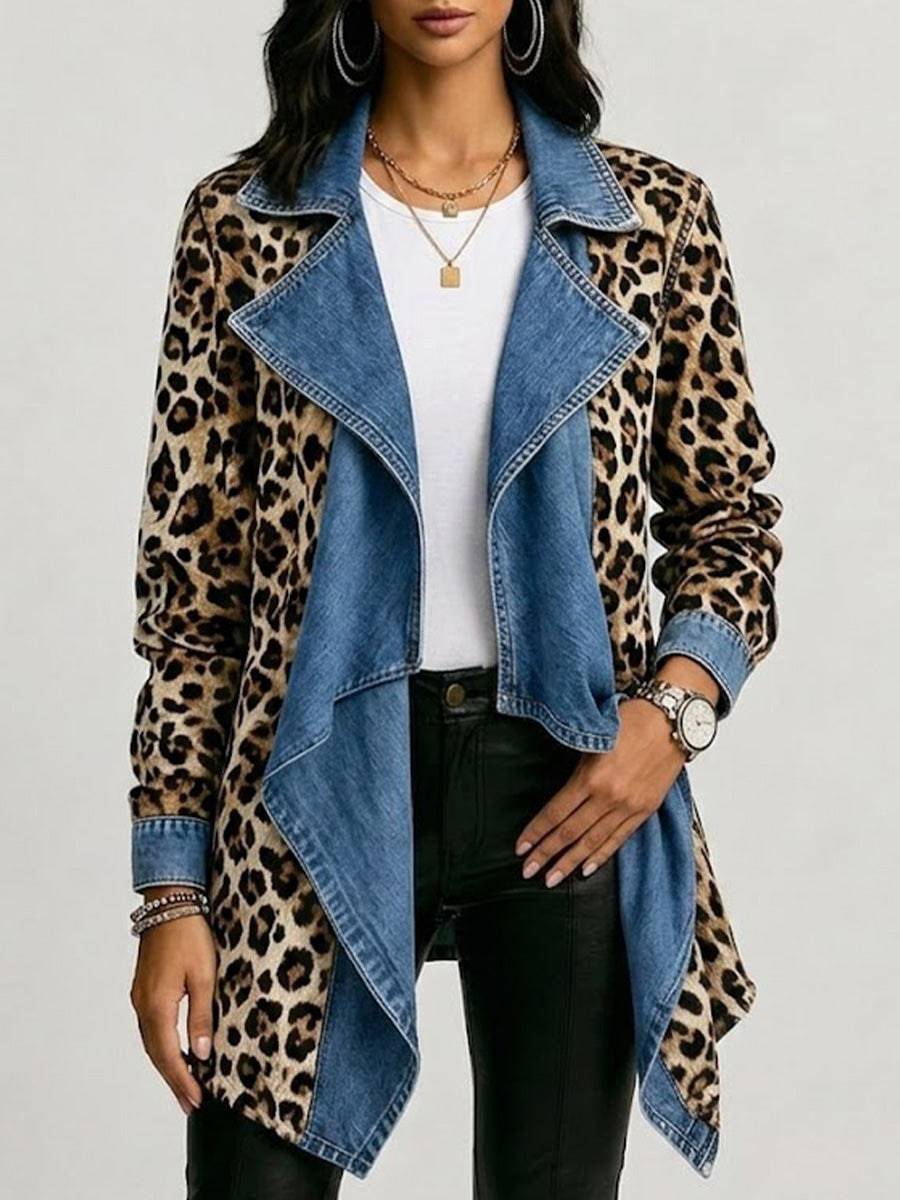 Sherilyn™ leopard print and washed denim paneled mid-length jacket with stylish design and mixed fabric details.