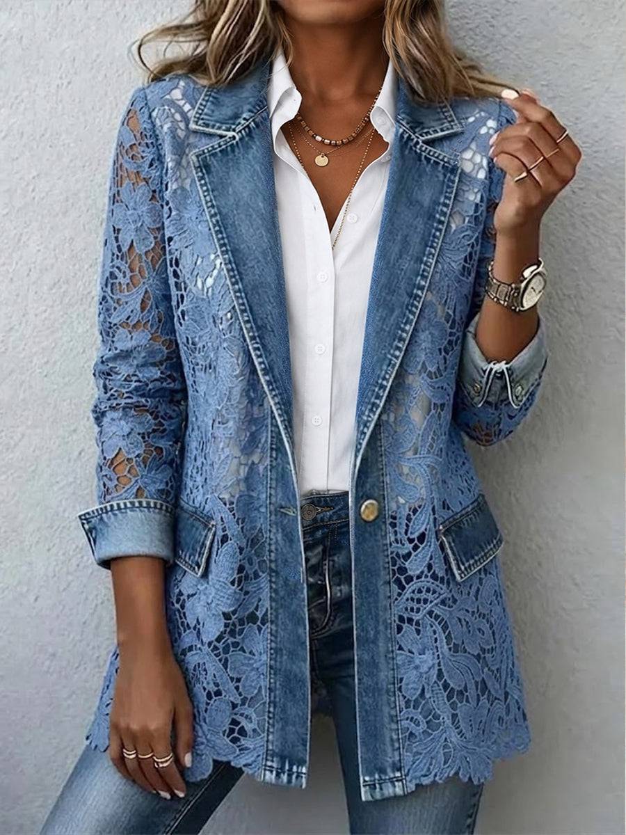 Lacinda™ blazer jacket by THE WHITMORE FAMILY featuring floral lace paneling and tailored fit, shown on a hanger.
