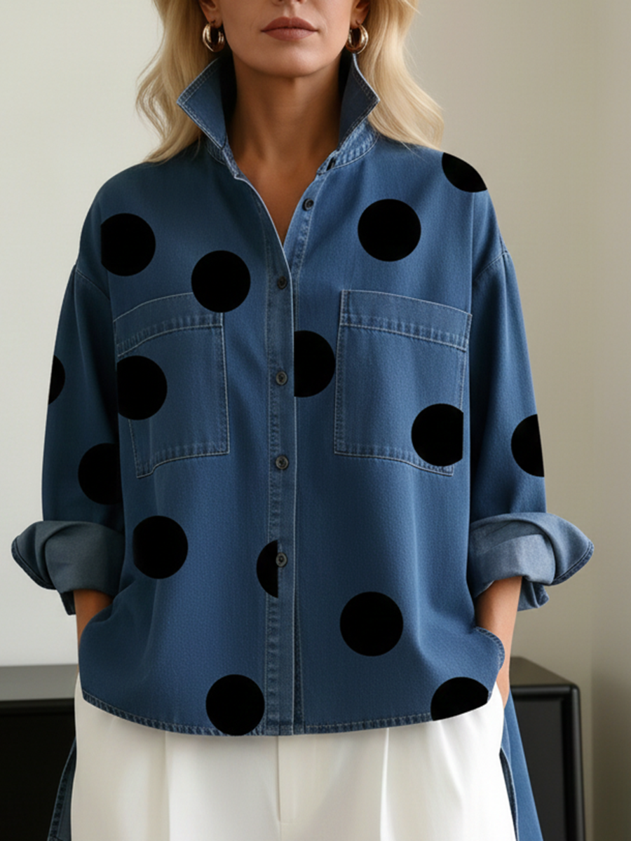 Peggy™ polka dot overshirt by THE WHITMORE FAMILY, featuring a lightweight fabric with a classic polka dot pattern and button closure.