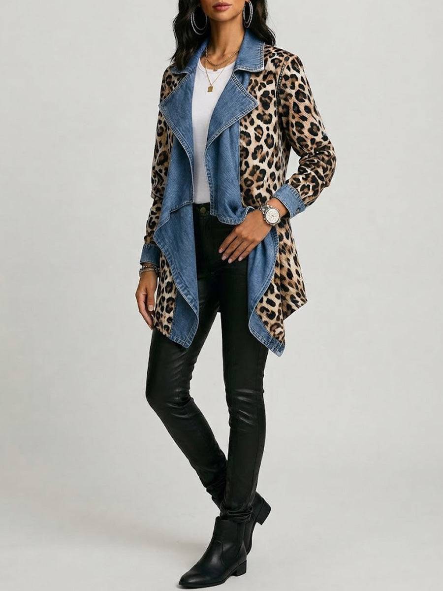 Sherilyn™ leopard print and washed denim paneled mid-length jacket from THE WHITMORE FAMILY, featuring stylish mixed fabrics.