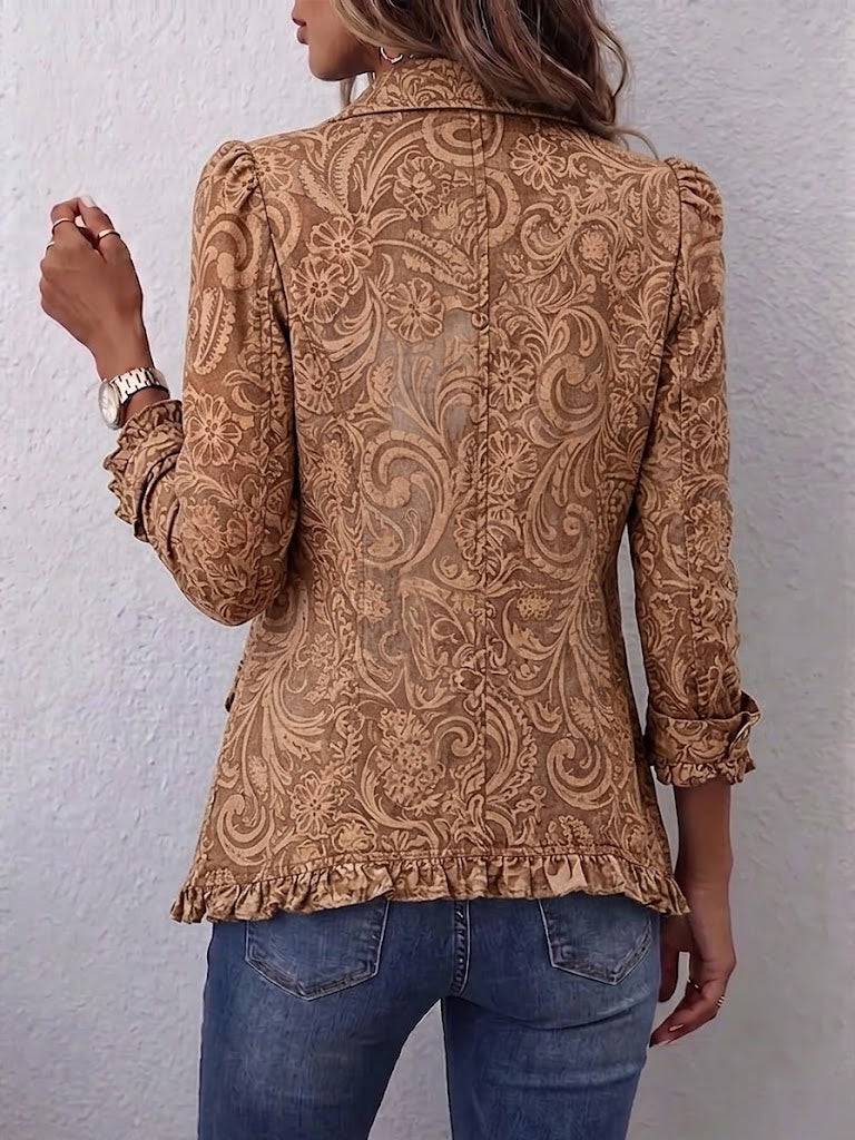 Vyclara™ vintage bohemian floral print ruffled jacket by THE WHITMORE FAMILY, showcasing colorful floral pattern and ruffled trim.