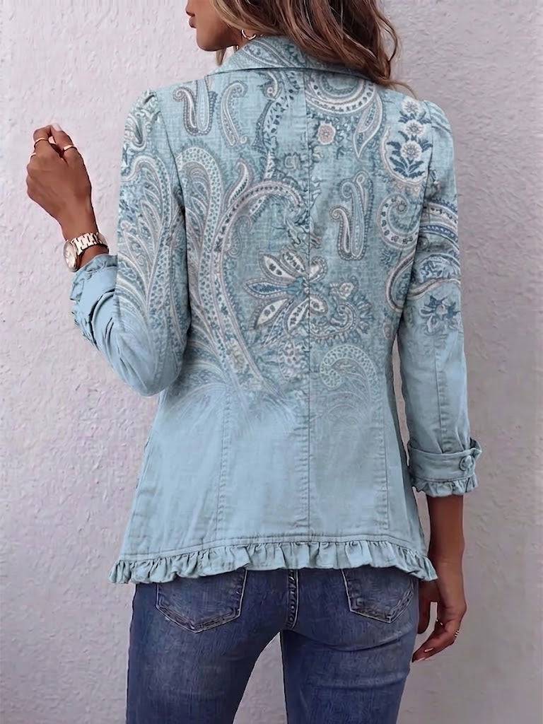 Estrella™ vintage paisley print ruffled jacket by THE WHITMORE FAMILY, featuring intricate pattern and feminine ruffle details.