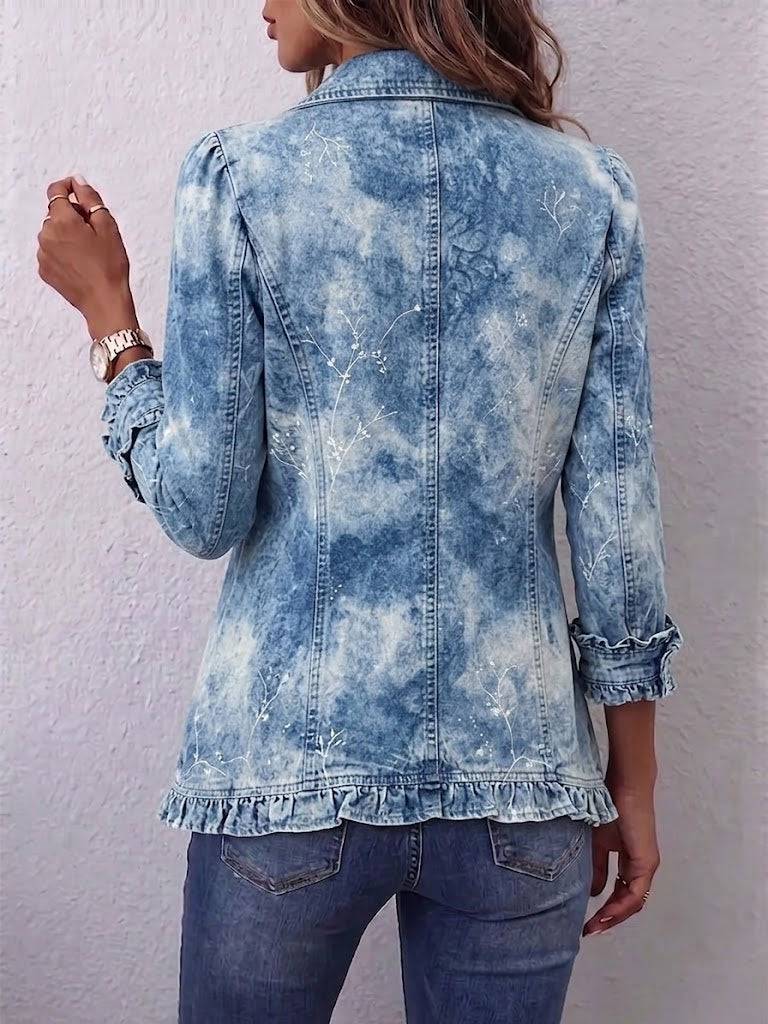 Jemison™ Boho-style gradient vintage botanical print jacket with ruffle details, featuring floral designs in natural fabric.
