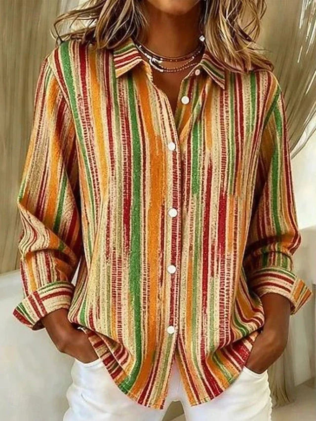 Harlowe™ vintage multicolor striped button blouse with long sleeves and classic collar, featuring bold horizontal stripes.