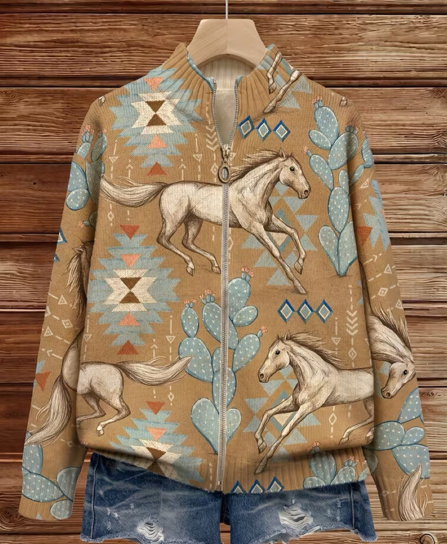 Winona | Desert Horse and Cactus Zip Cardigan