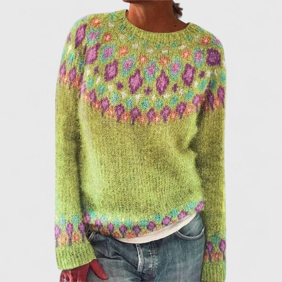 Scandinavian knitted sweater named Cheryl by THE WHITMORE FAMILY, featuring a retro design in cozy, colorful yarn.