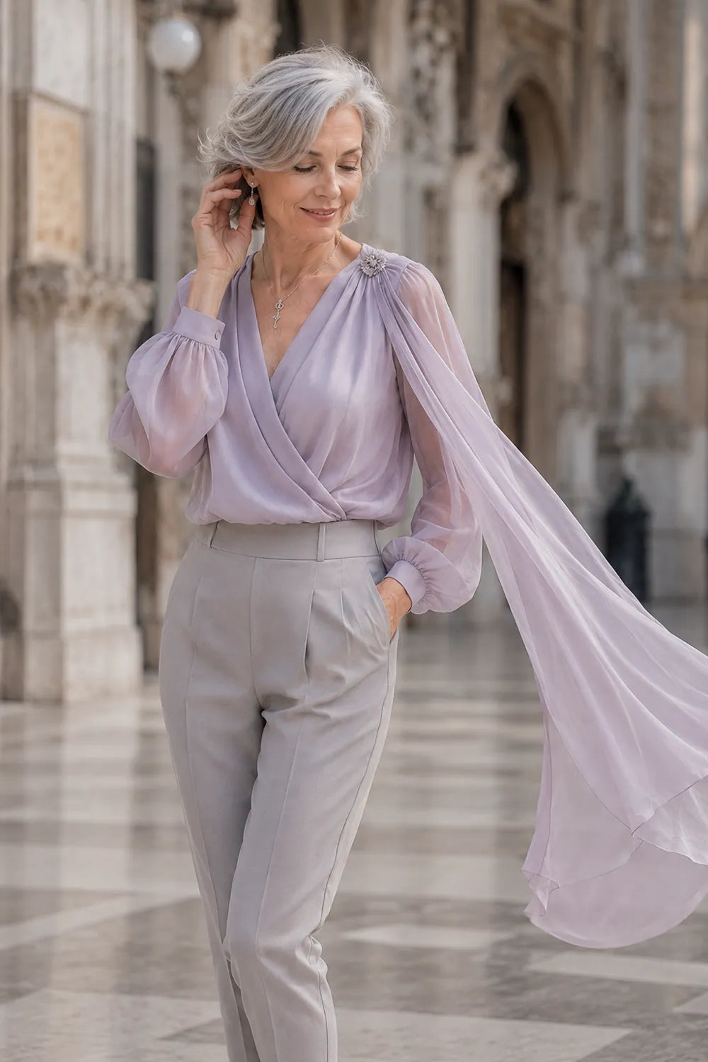 Romantic Chiffon Cape Wedding Guest Blouse