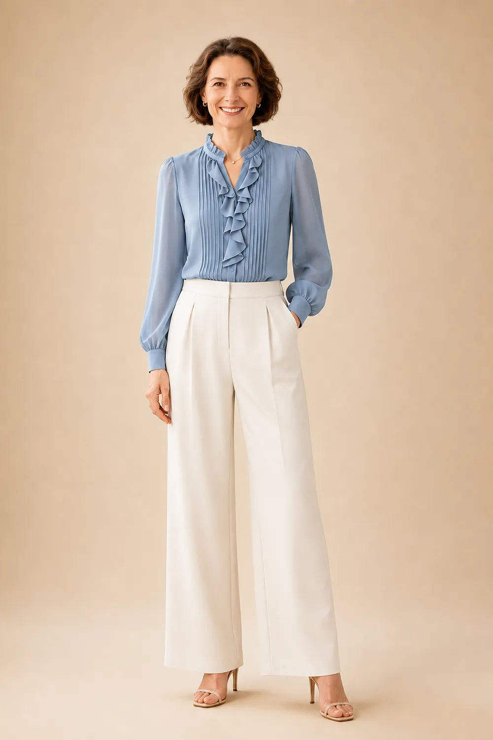 Elegant Ruffle Blouse Mother of the Bride Pant Suit