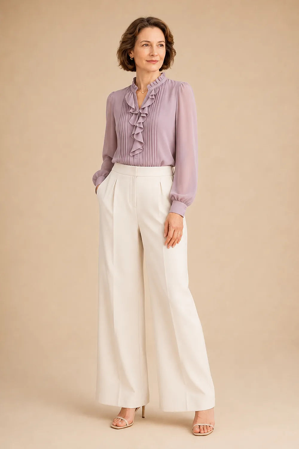 Elegant Ruffle Blouse Mother of the Bride Pant Suit