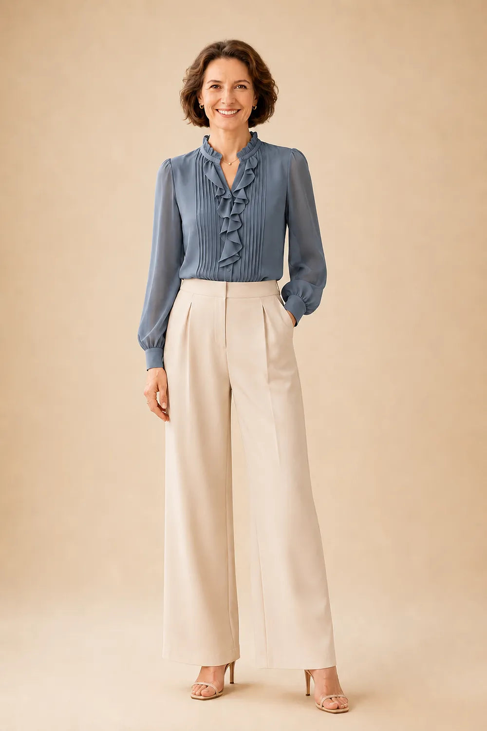 Elegant Ruffle Blouse Mother of the Bride Pant Suit
