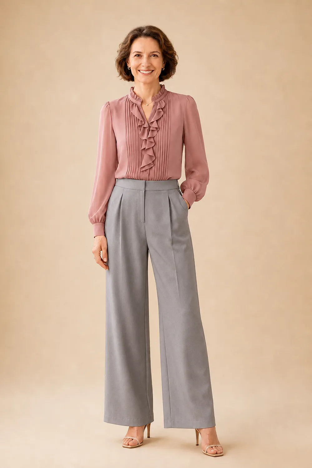 Elegant Ruffle Blouse Mother of the Bride Pant Suit