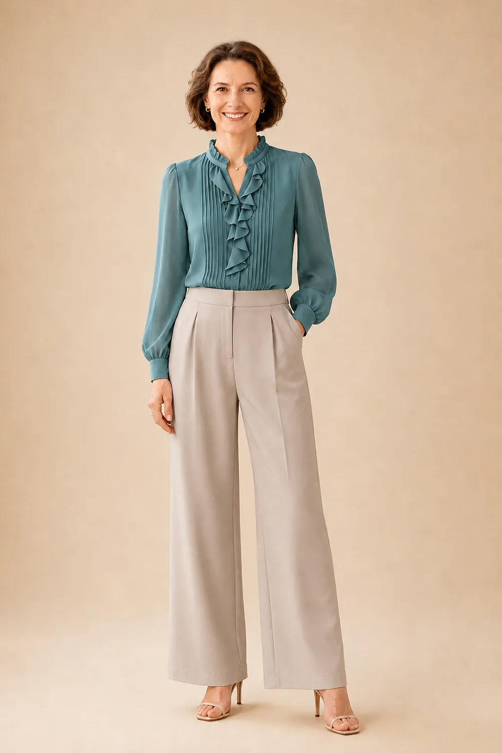 Elegant Ruffle Blouse Mother of the Bride Pant Suit