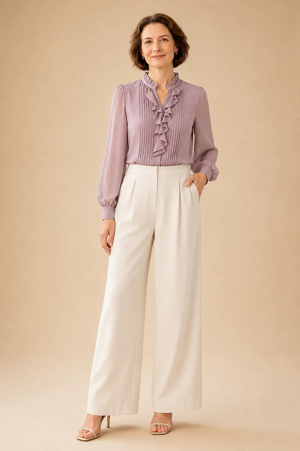 Elegant Ruffle Blouse Mother of the Bride Pant Suit