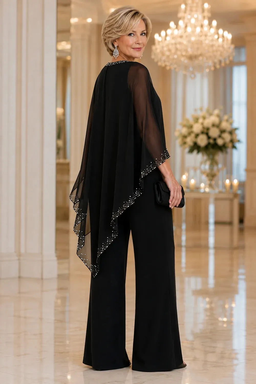 Beaded Chiffon Cape Formal Pant Suit with Wide Legs