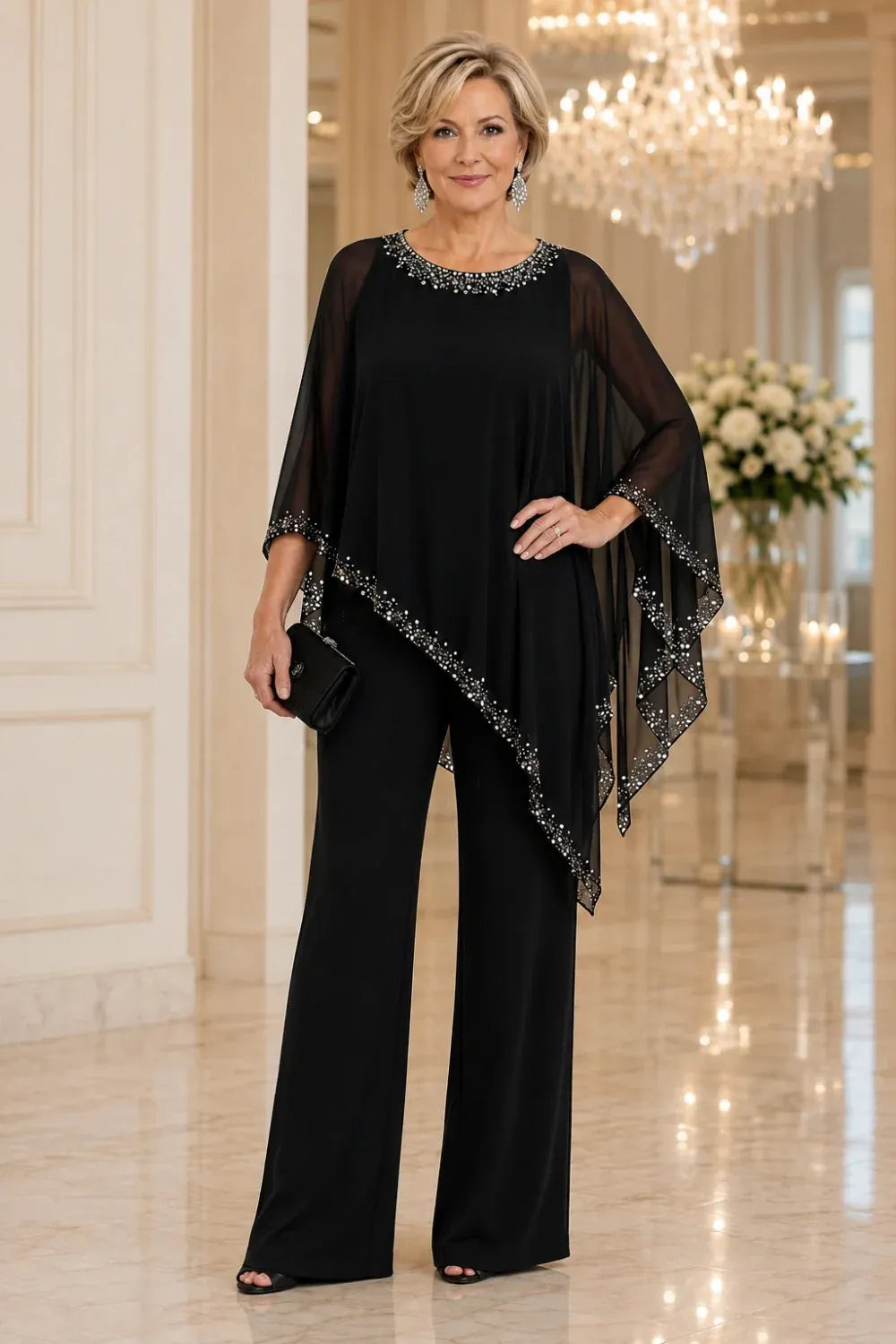 Beaded Chiffon Cape Formal Pant Suit with Wide Legs