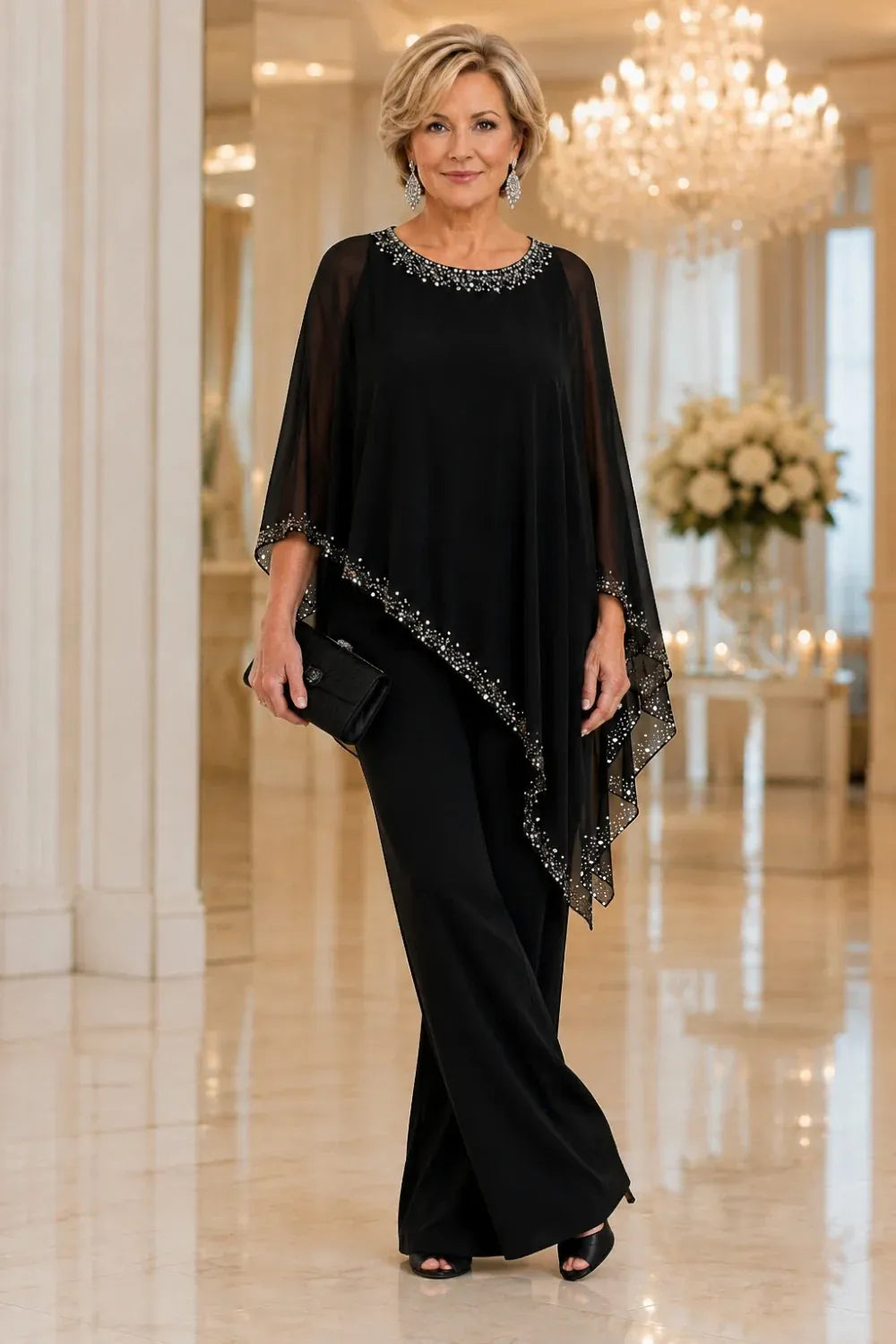 Beaded Chiffon Cape Formal Pant Suit with Wide Legs
