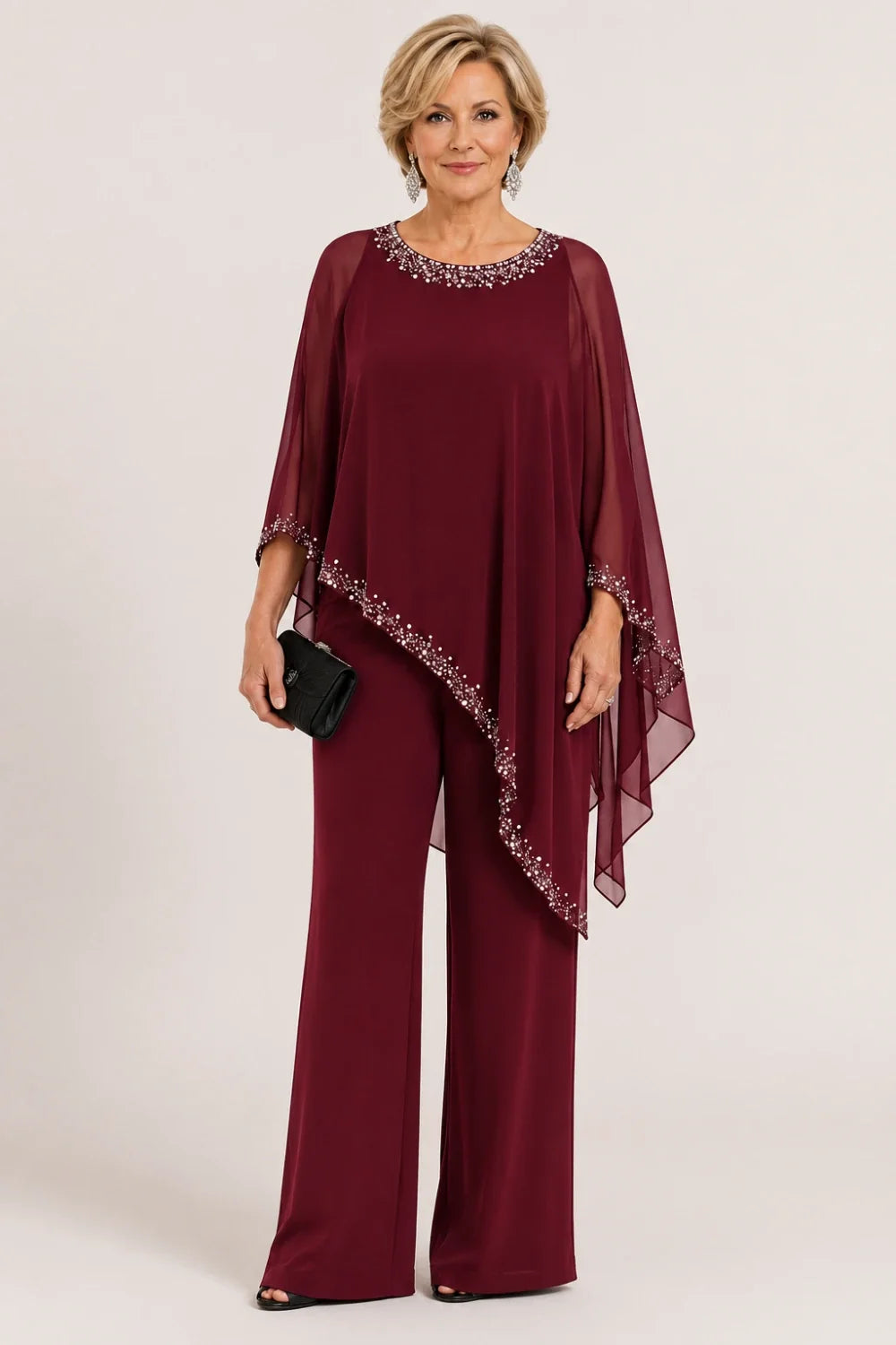 Beaded Chiffon Cape Formal Pant Suit with Wide Legs
