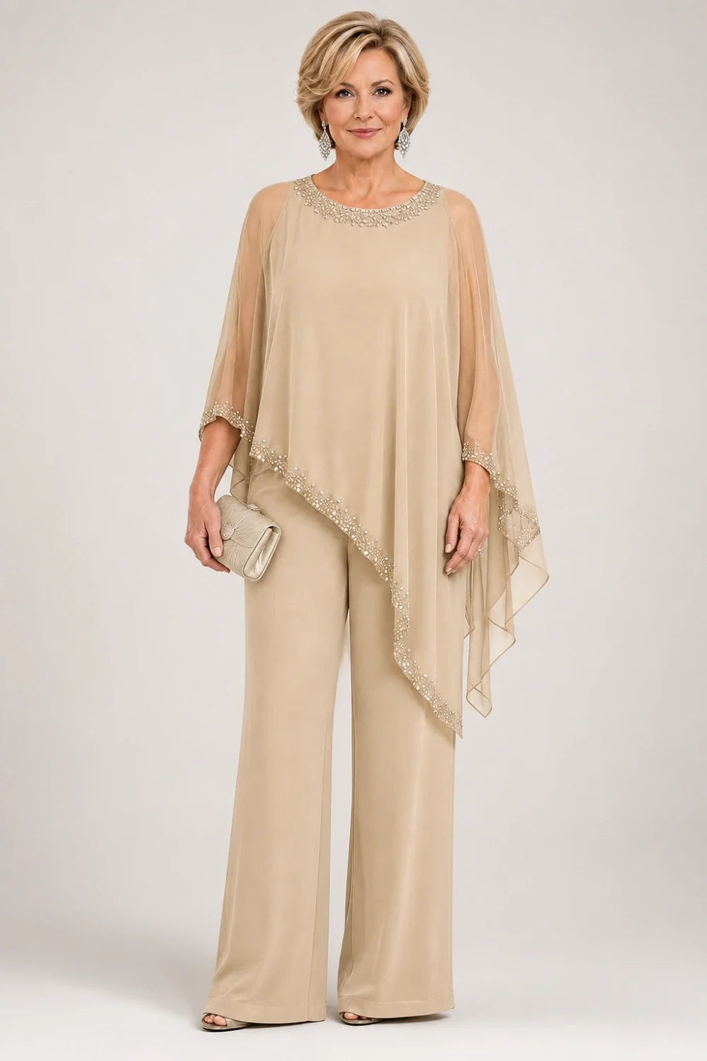 Beaded Chiffon Cape Formal Pant Suit with Wide Legs