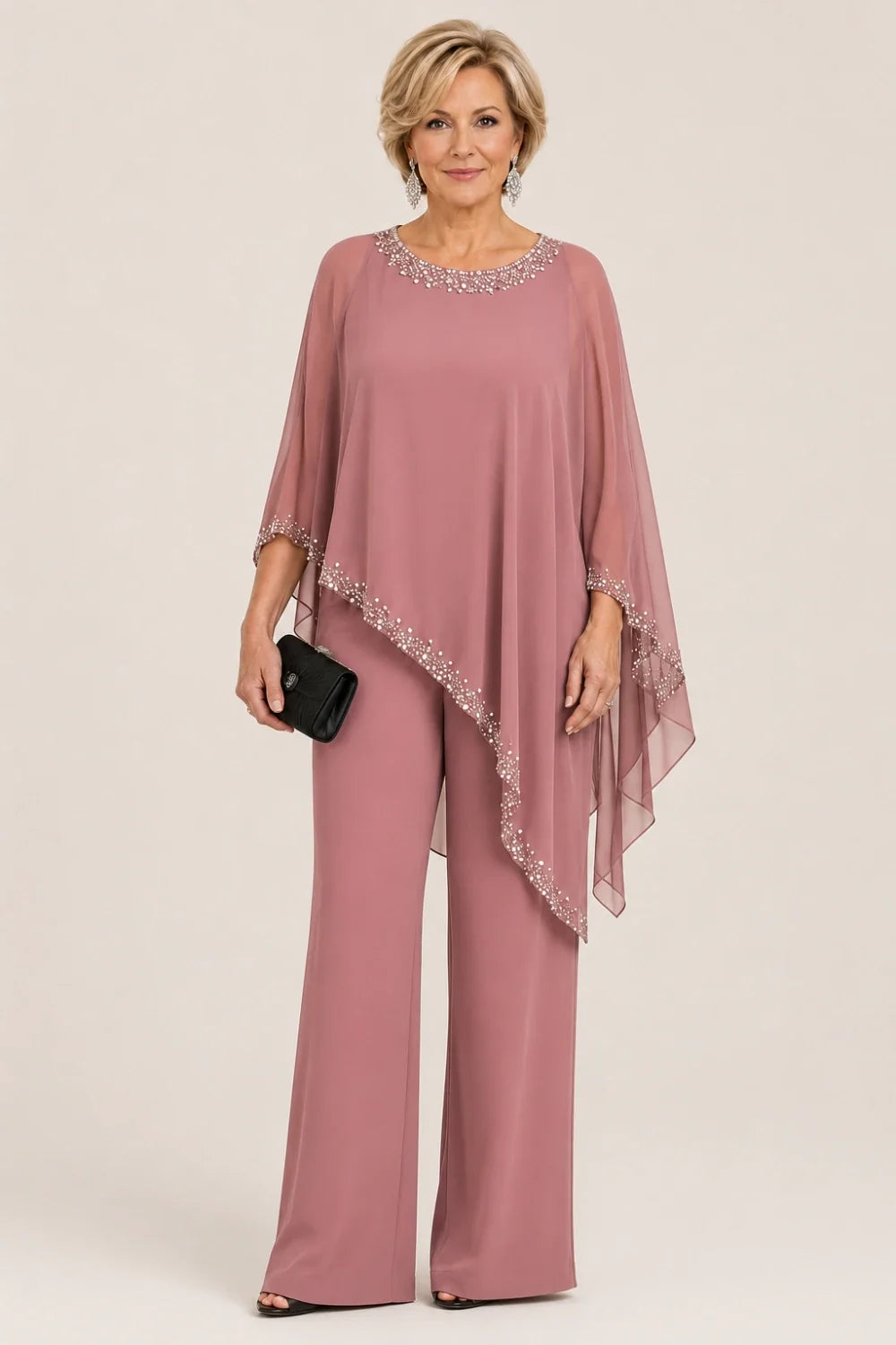 Beaded Chiffon Cape Formal Pant Suit with Wide Legs
