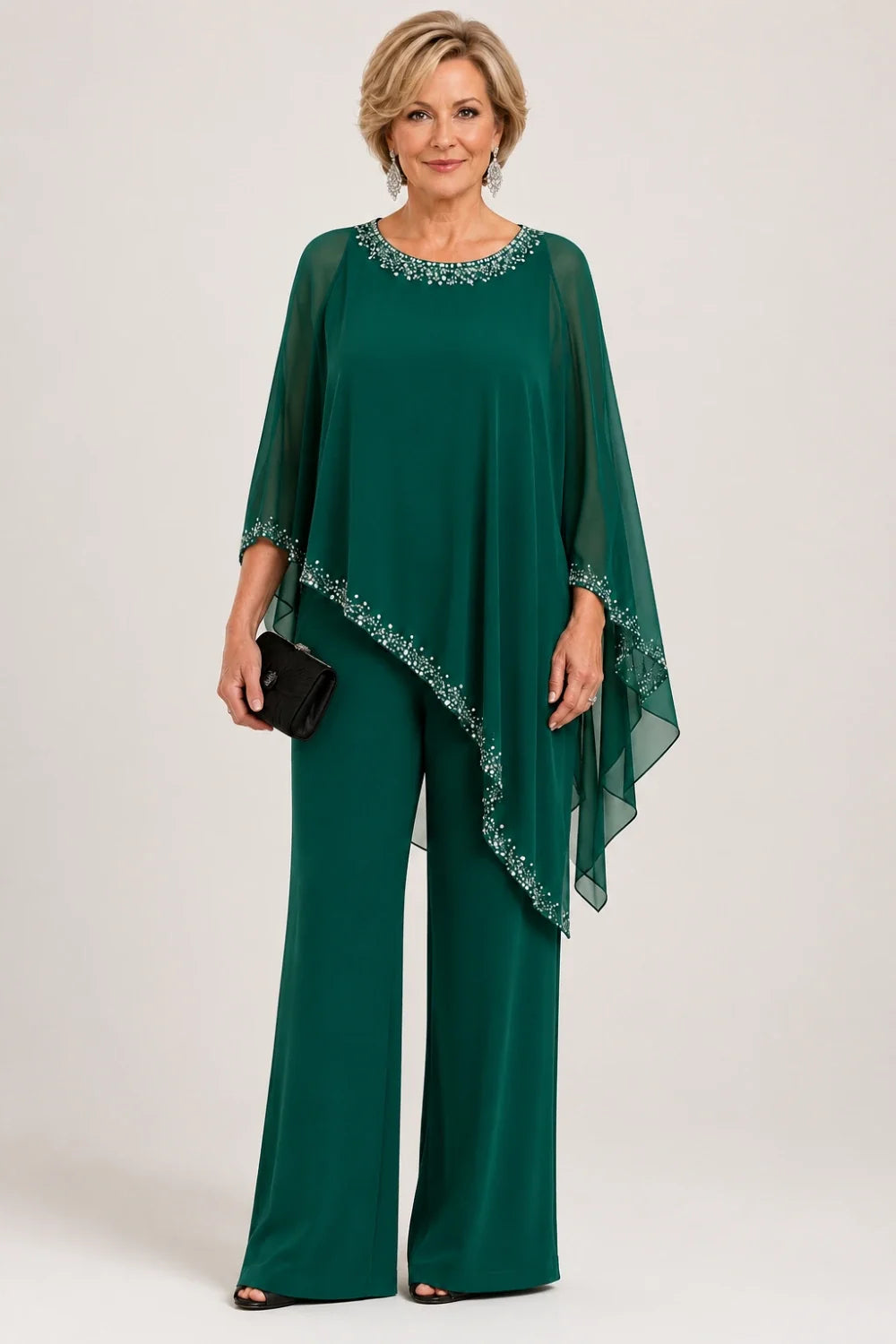 Beaded Chiffon Cape Formal Pant Suit with Wide Legs