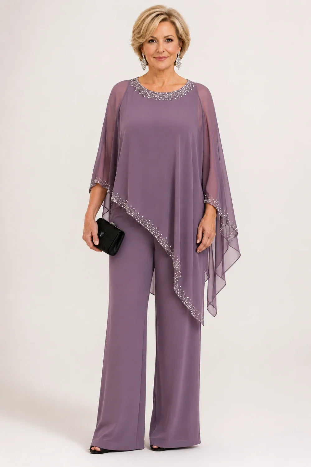 Beaded Chiffon Cape Formal Pant Suit with Wide Legs