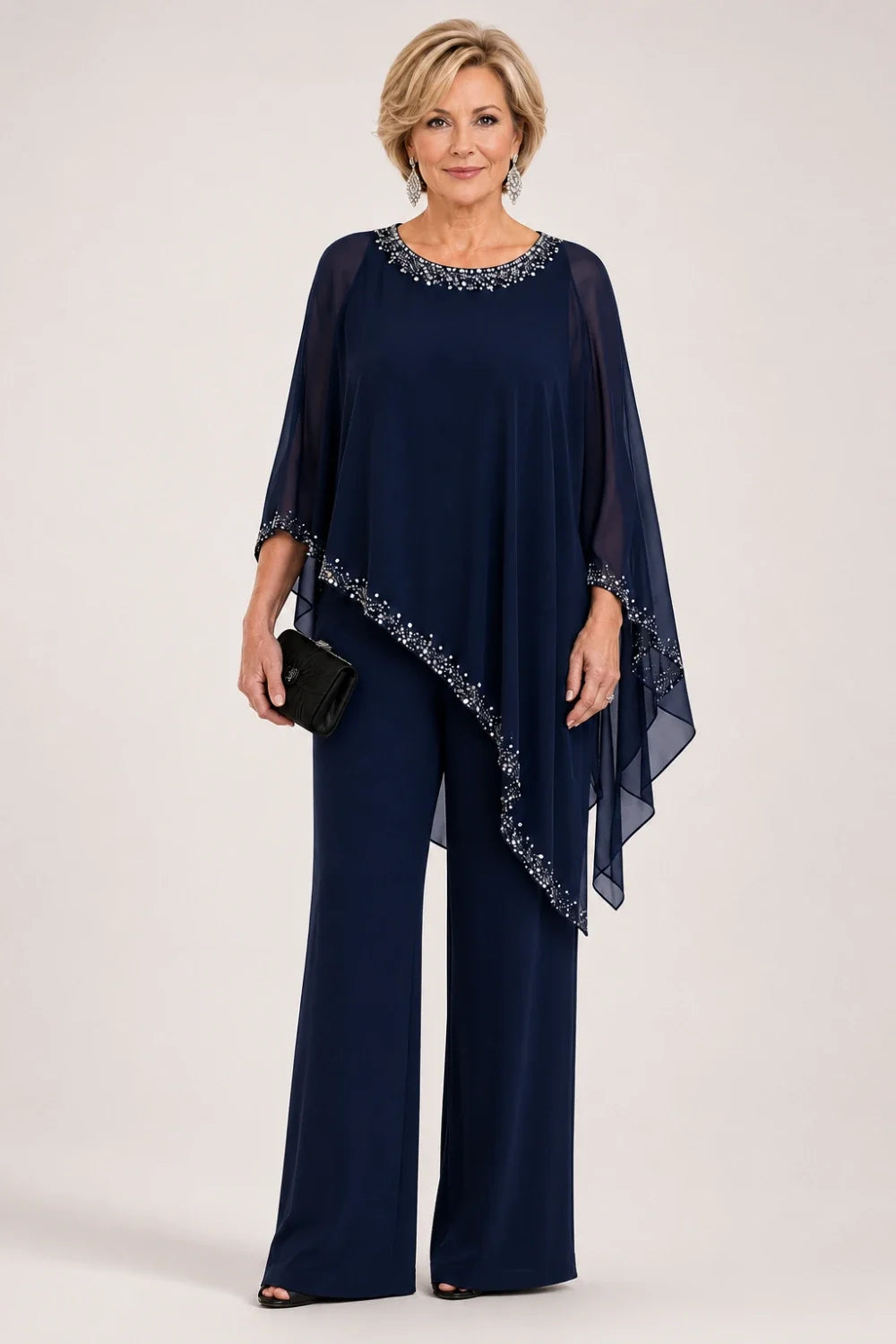 Beaded Chiffon Cape Formal Pant Suit with Wide Legs