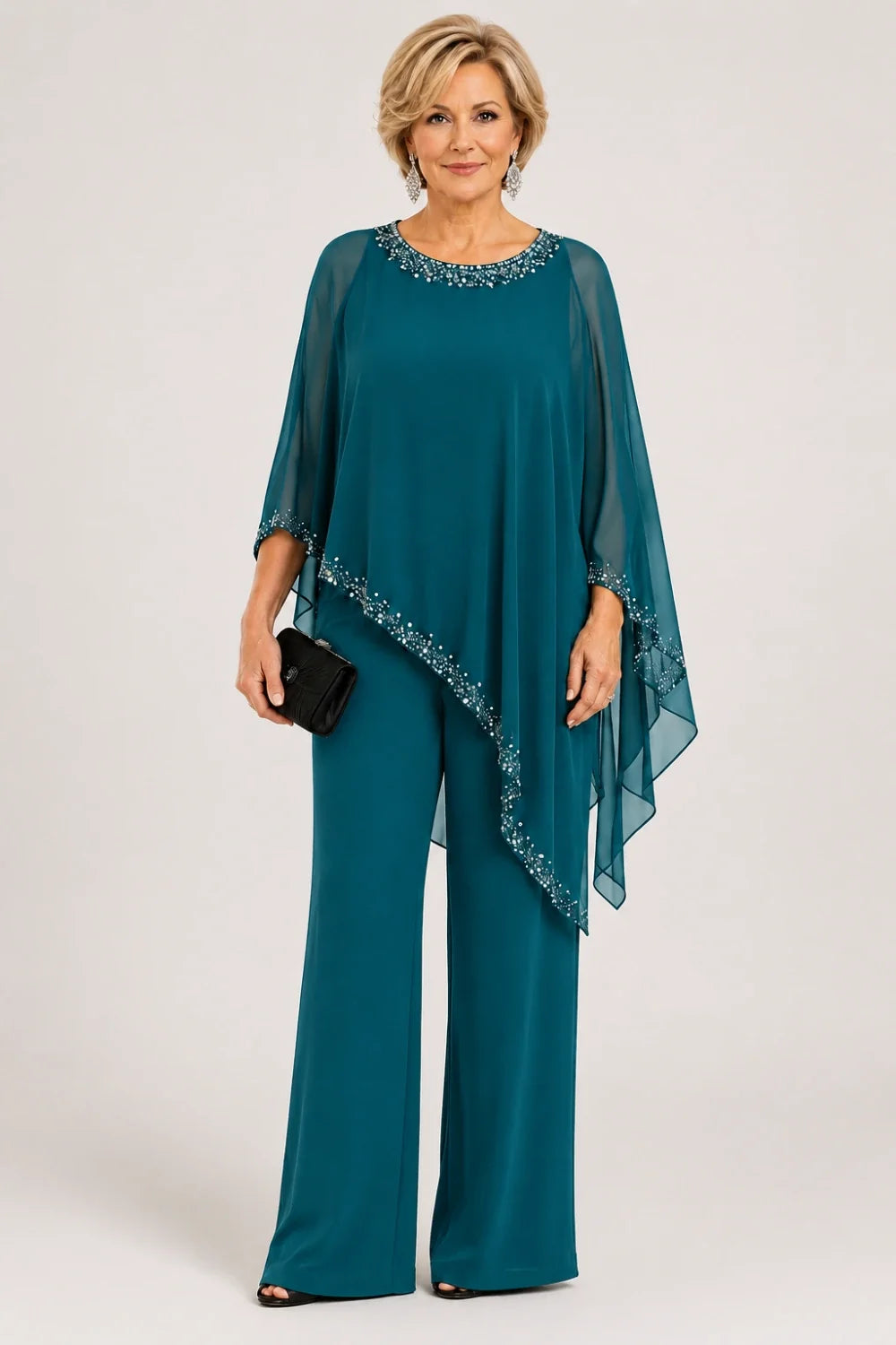 Beaded Chiffon Cape Formal Pant Suit with Wide Legs