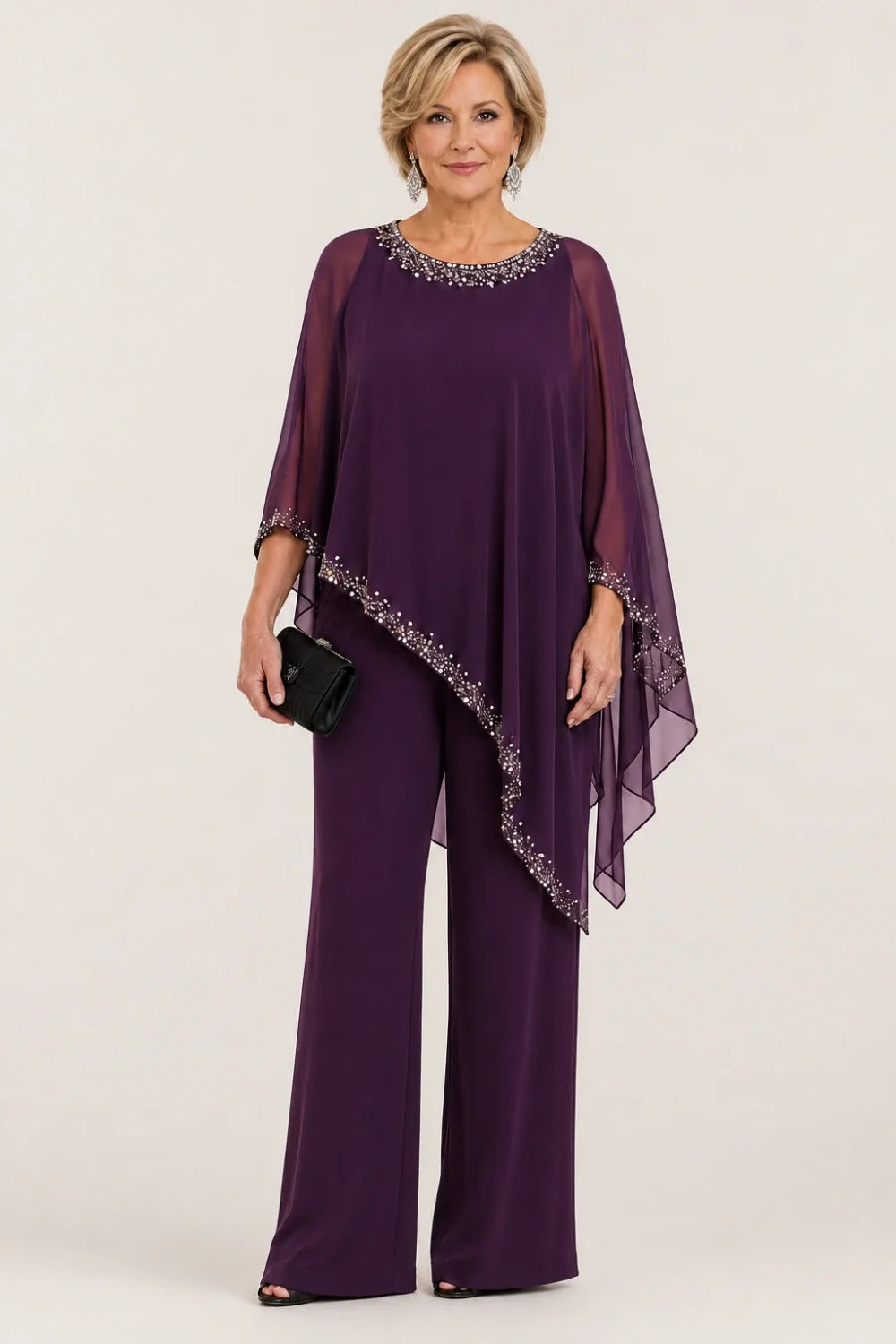 Beaded Chiffon Cape Formal Pant Suit with Wide Legs