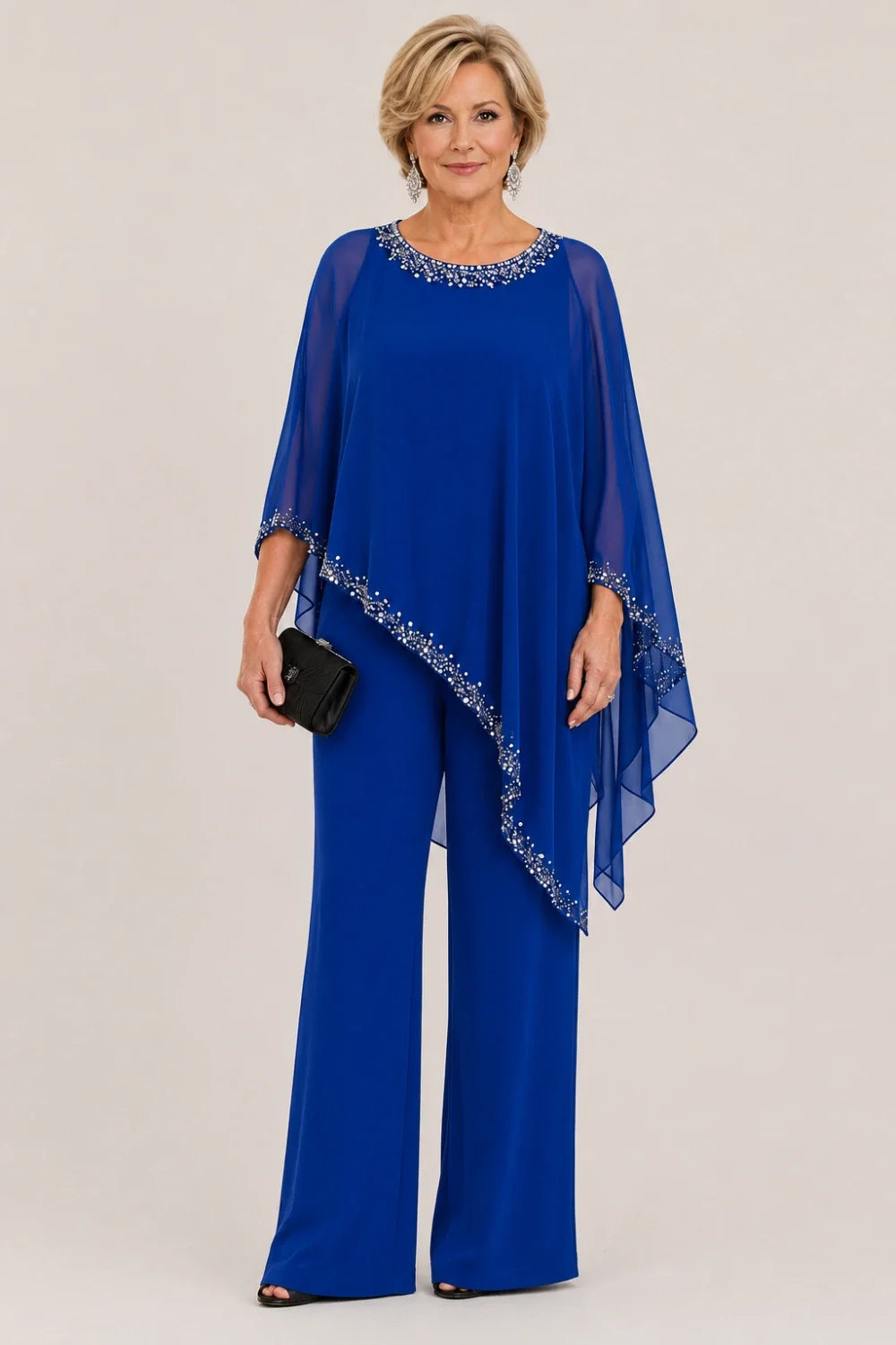 Beaded Chiffon Cape Formal Pant Suit with Wide Legs