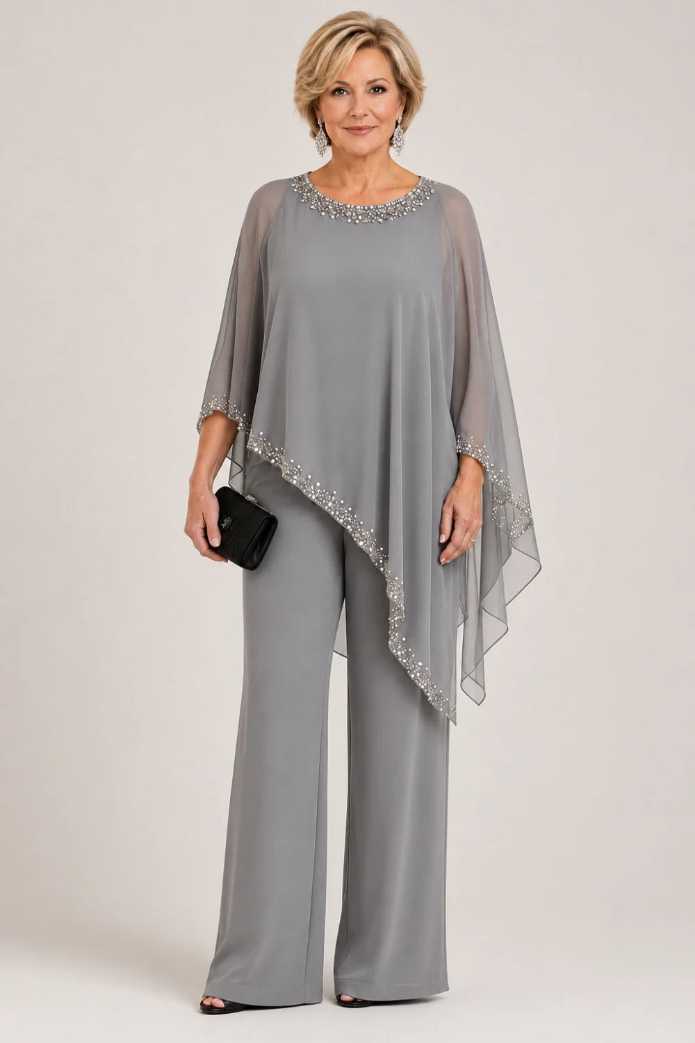 Beaded Chiffon Cape Formal Pant Suit with Wide Legs