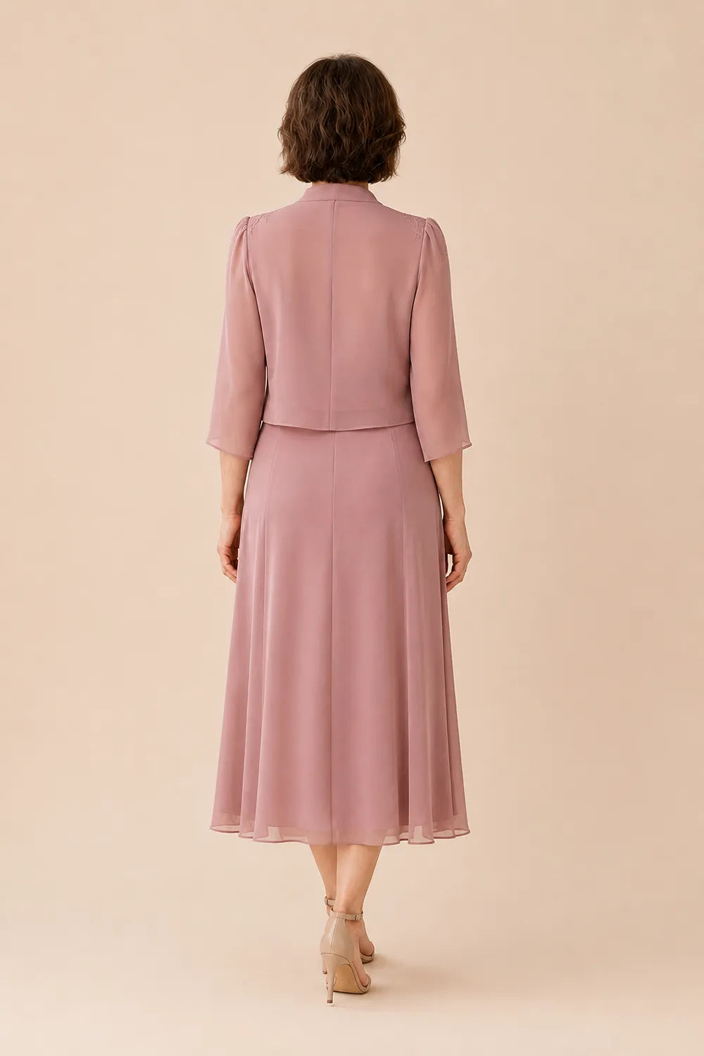 V Neck Chiffon Midi Dress with Lace Detail