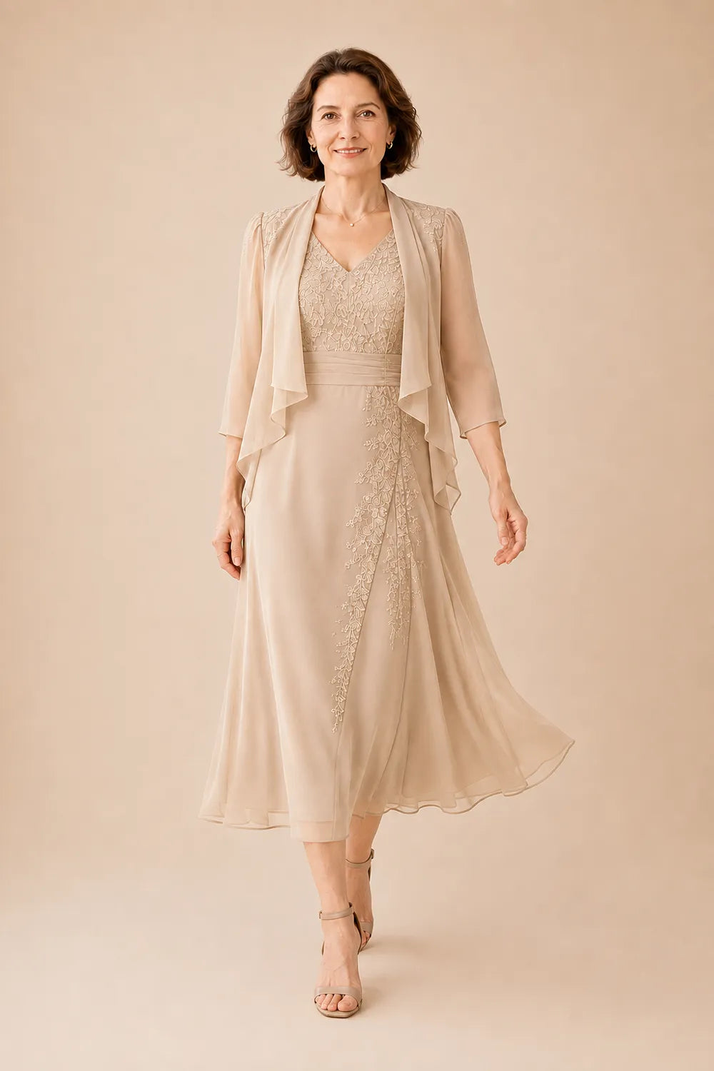 V Neck Chiffon Midi Dress with Lace Detail