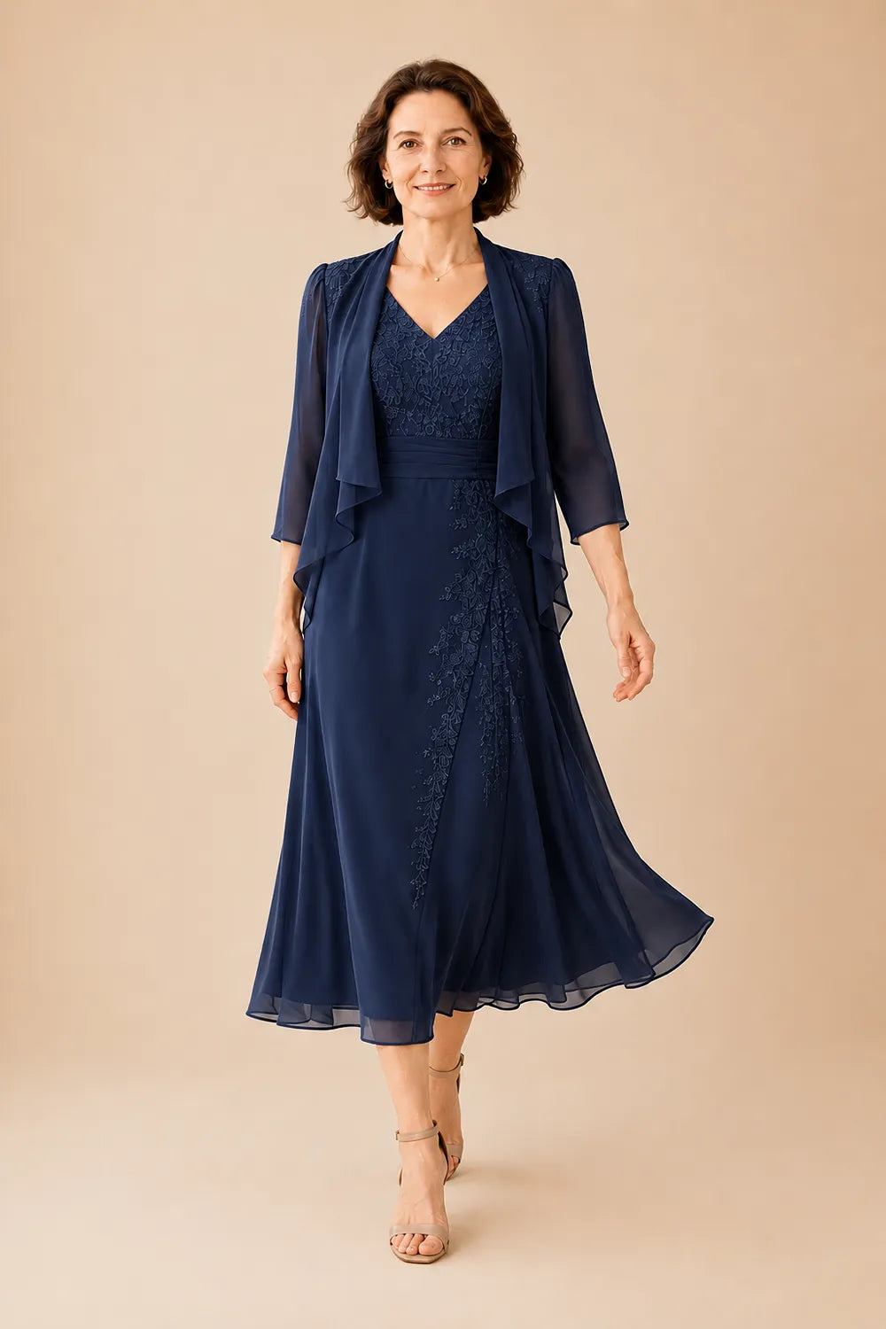 V Neck Chiffon Midi Dress with Lace Detail