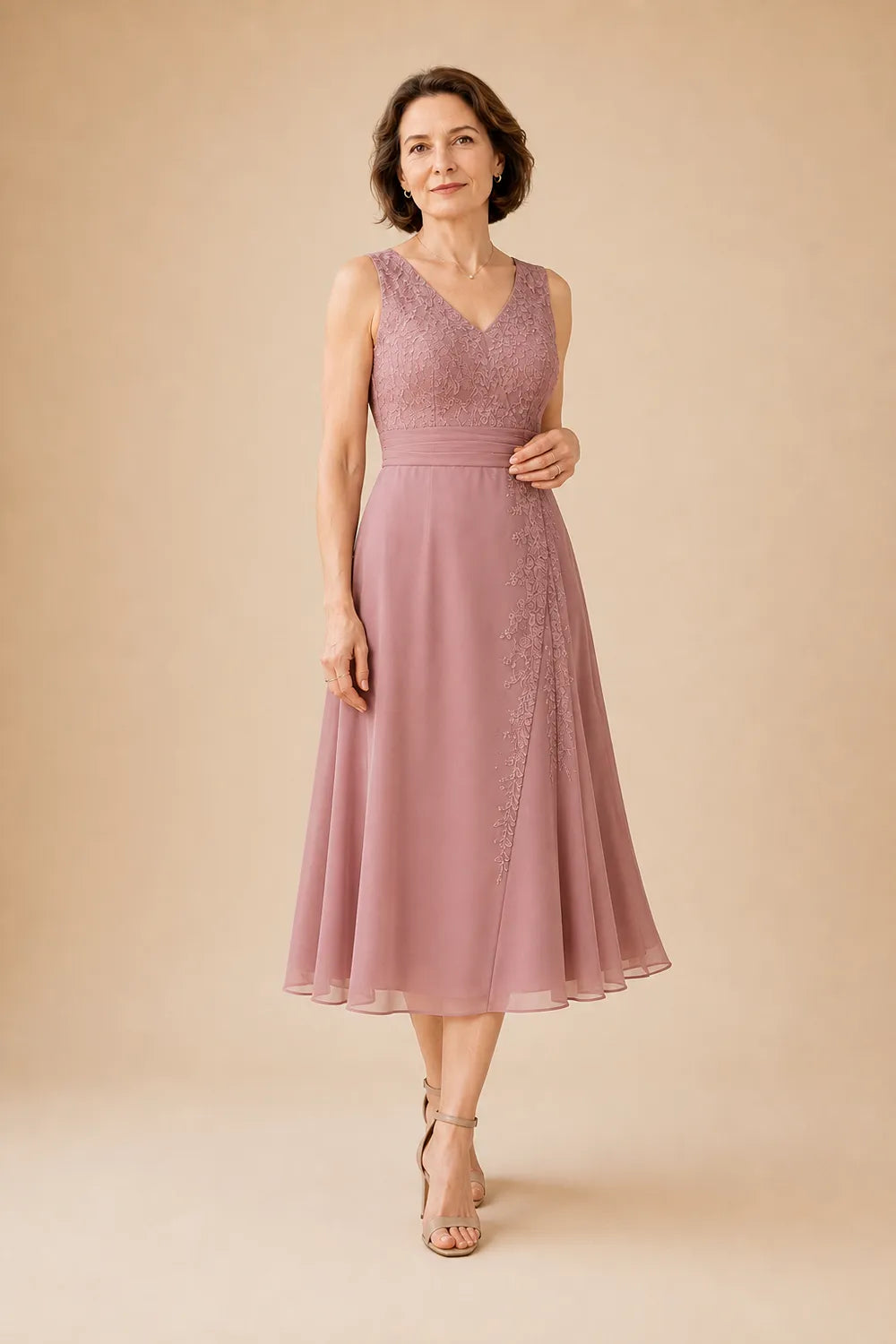 V Neck Chiffon Midi Dress with Lace Detail