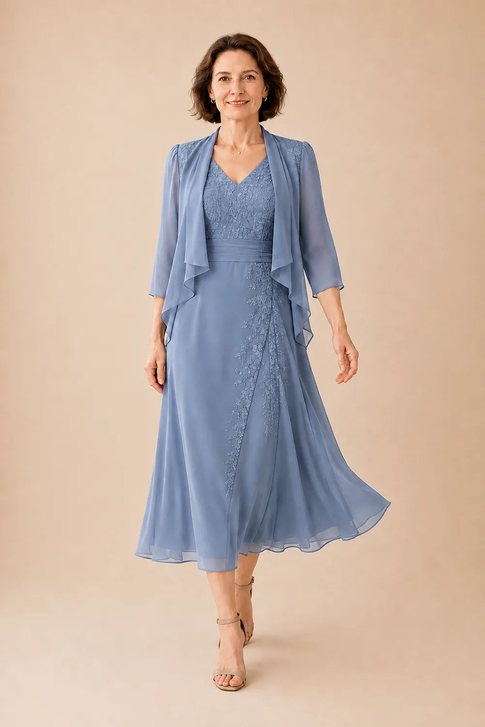 V Neck Chiffon Midi Dress with Lace Detail