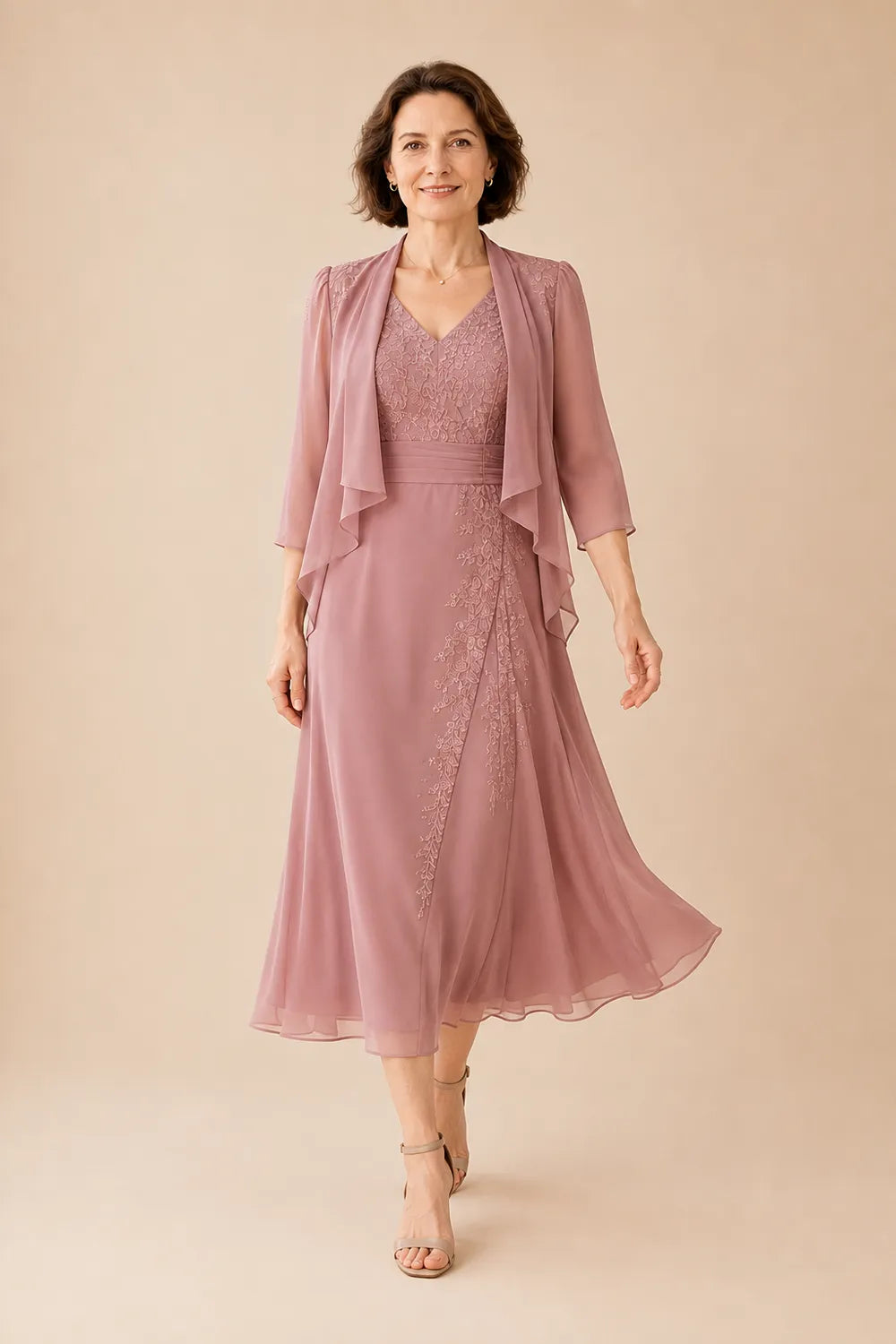 V Neck Chiffon Midi Dress with Lace Detail