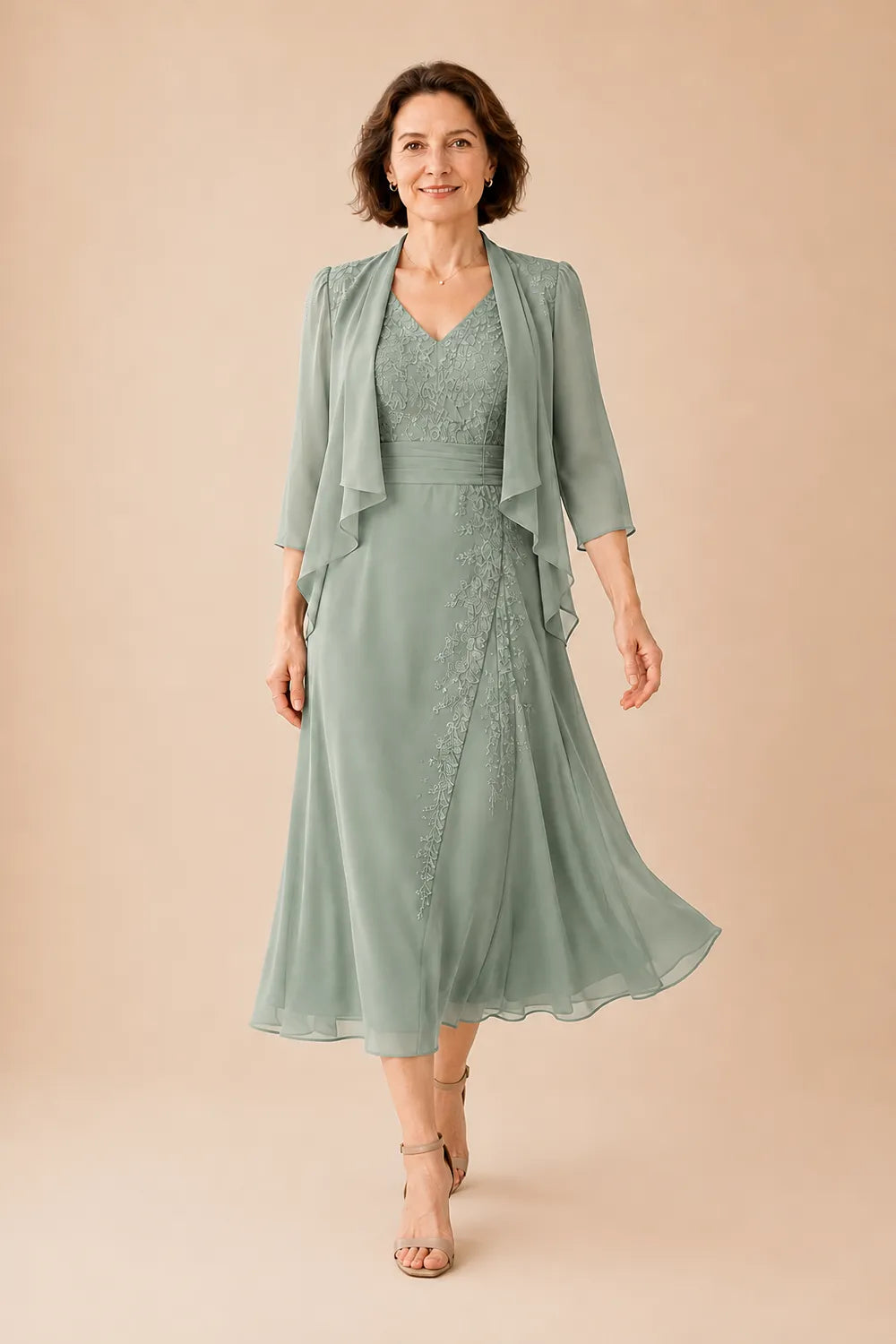 V Neck Chiffon Midi Dress with Lace Detail