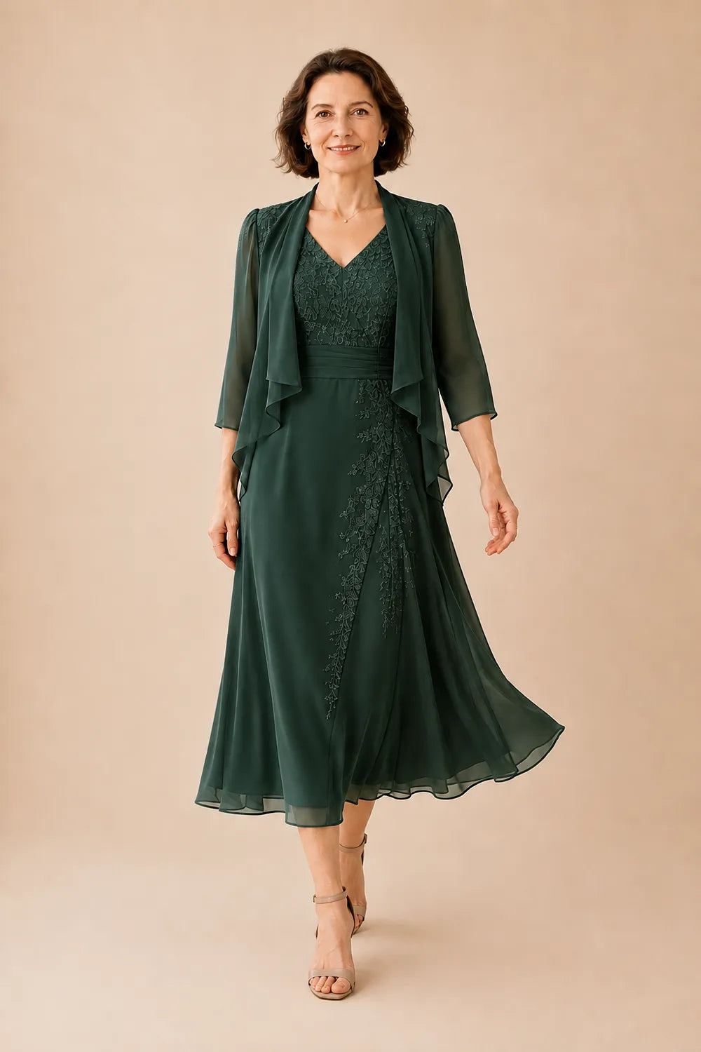 V Neck Chiffon Midi Dress with Lace Detail