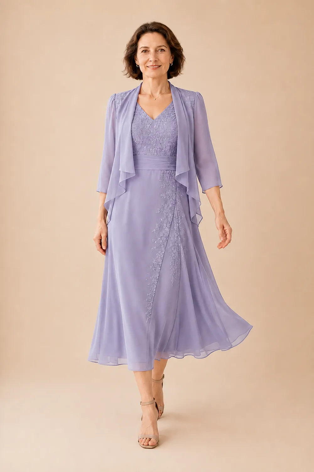 V Neck Chiffon Midi Dress with Lace Detail