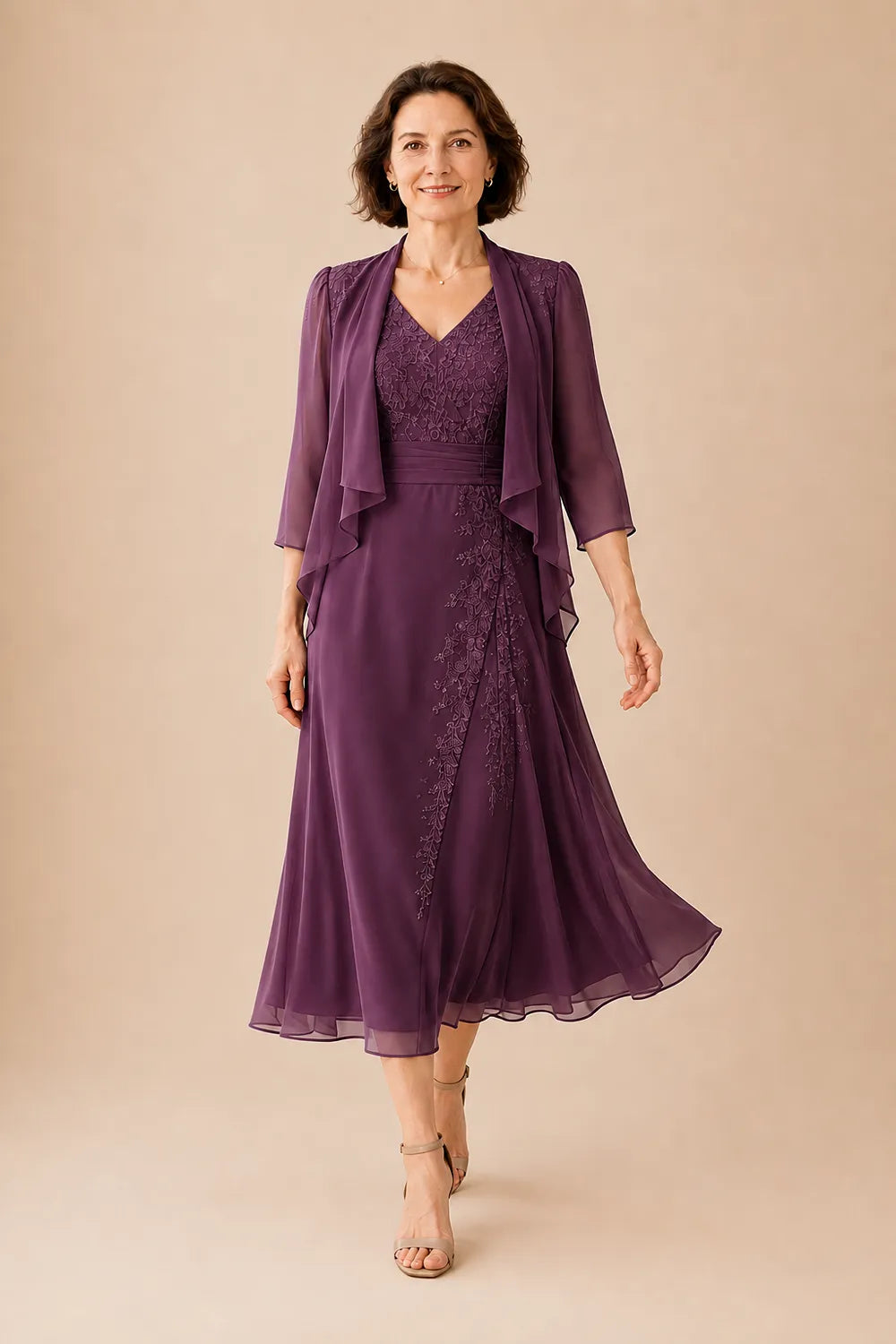 V Neck Chiffon Midi Dress with Lace Detail