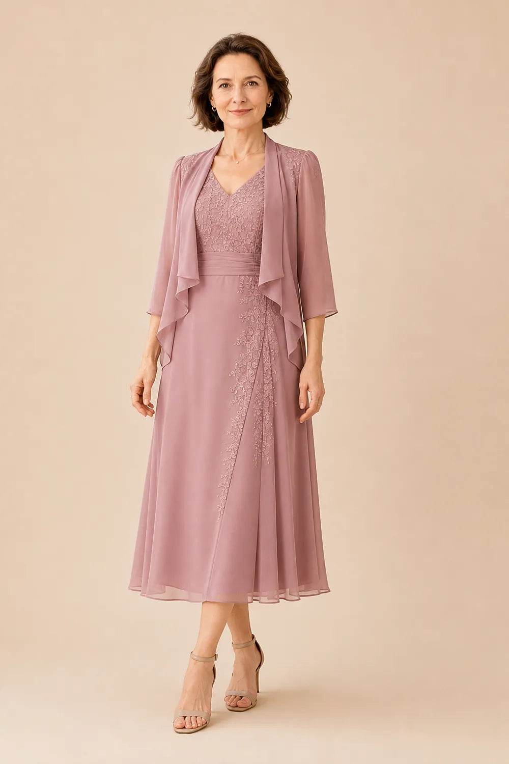 V Neck Chiffon Midi Dress with Lace Detail