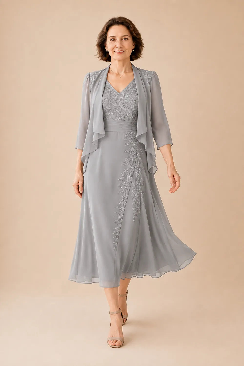 V Neck Chiffon Midi Dress with Lace Detail