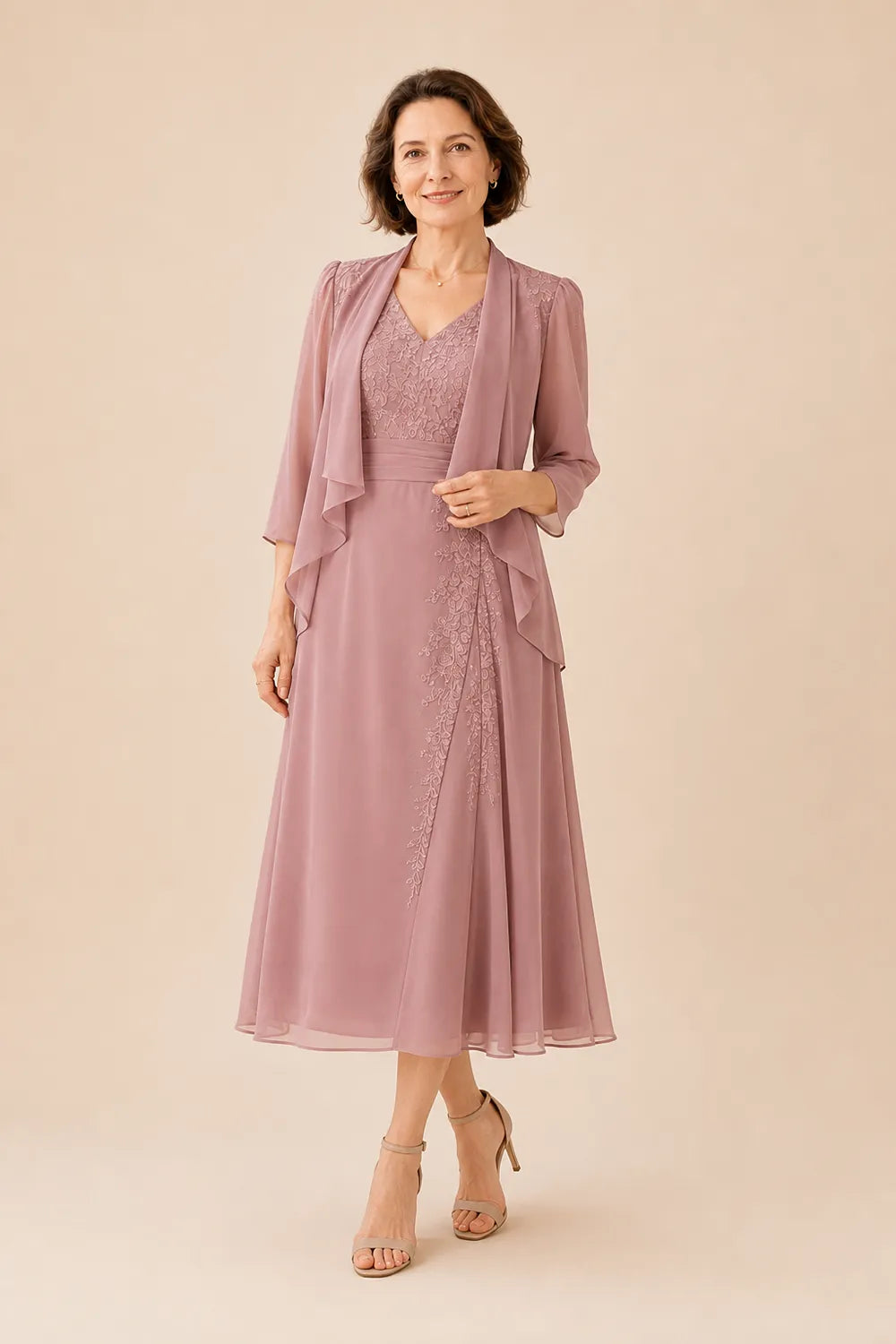 V Neck Chiffon Midi Dress with Lace Detail