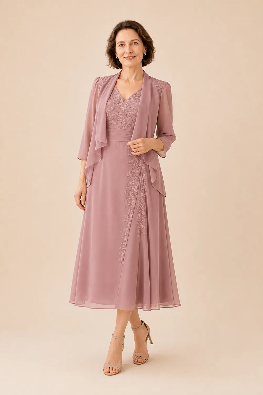 V Neck Chiffon Midi Dress with Lace Detail