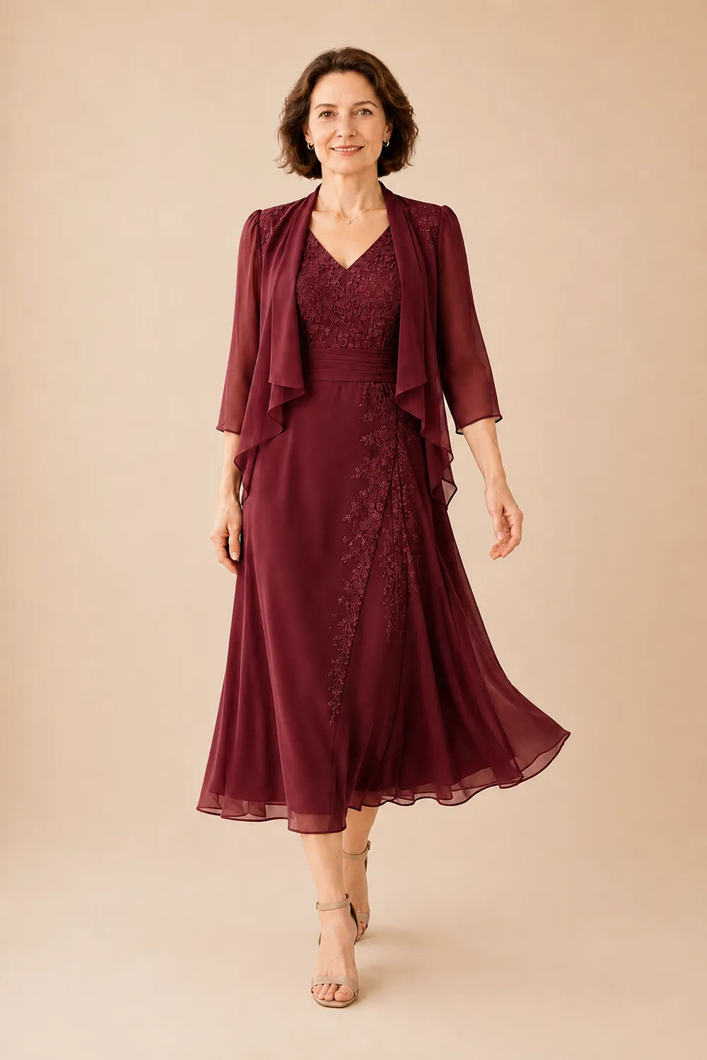 V Neck Chiffon Midi Dress with Lace Detail