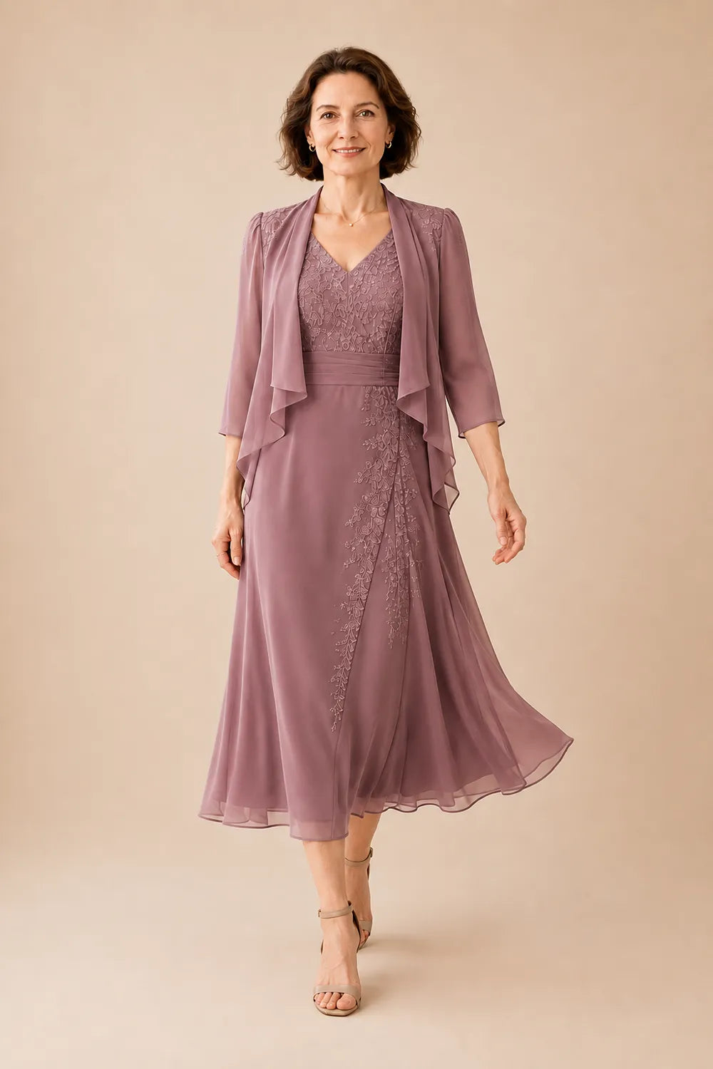 V Neck Chiffon Midi Dress with Lace Detail